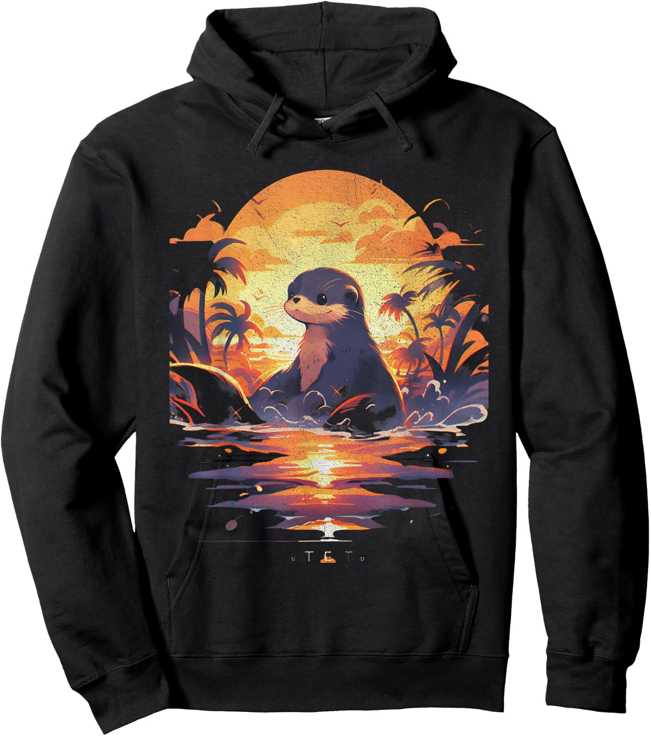 Cute Sunset Otter Tropical Beach Illustration Animal Hoodie - Hoodie | Black