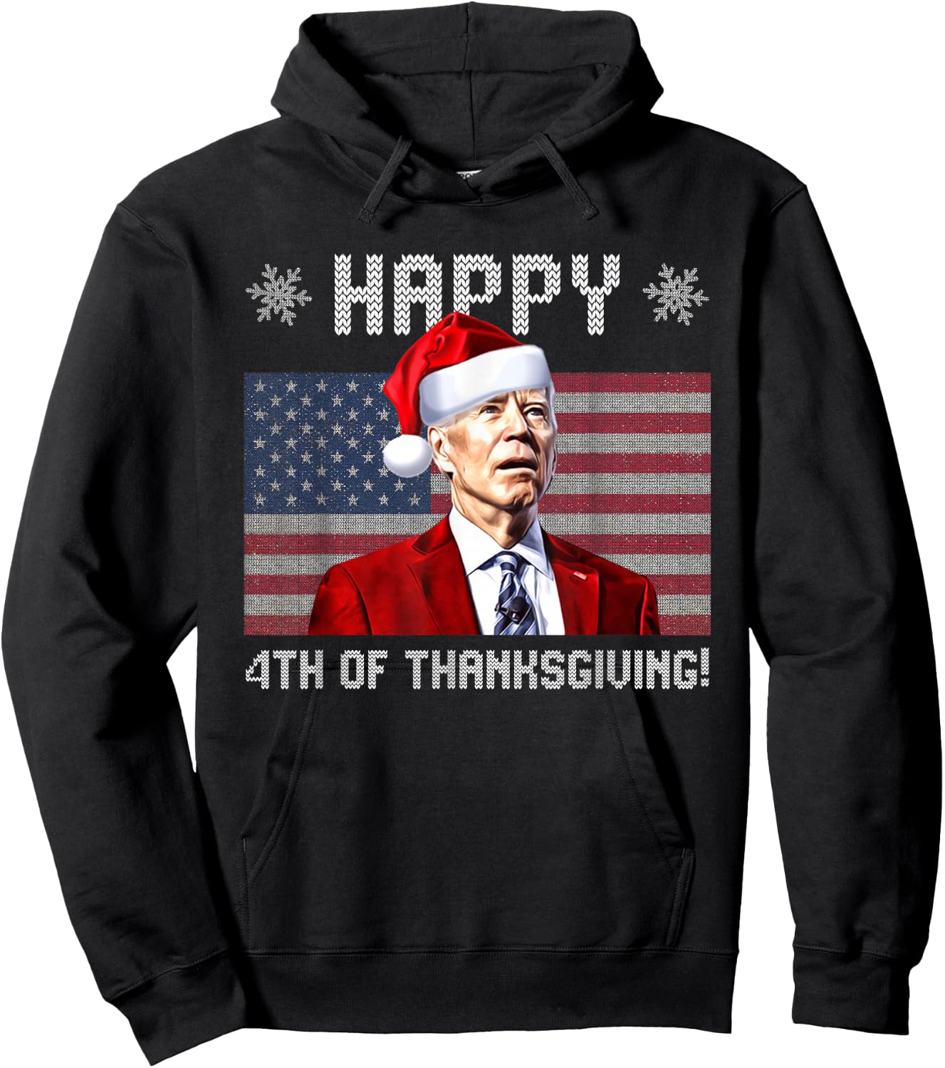 Happy 4th of Thanksgiving Christmas Biden Santa USA Flag Hoodie - Hoodie | Black