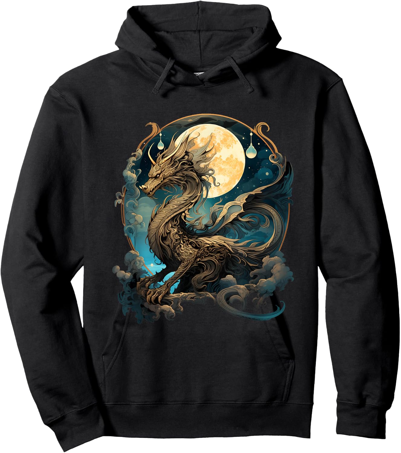 Beautiful Lunar Gold Dragon Floral Art Noveau Hoodie - Hoodie | Black