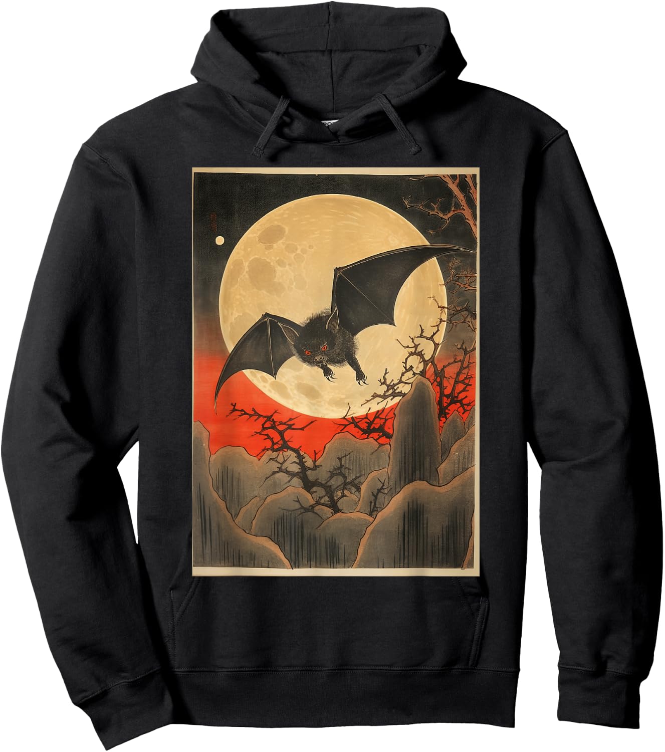 Japanese Woodblock Art 1905 Bat in Moon Meiji Era Hoodie - Hoodie | Black