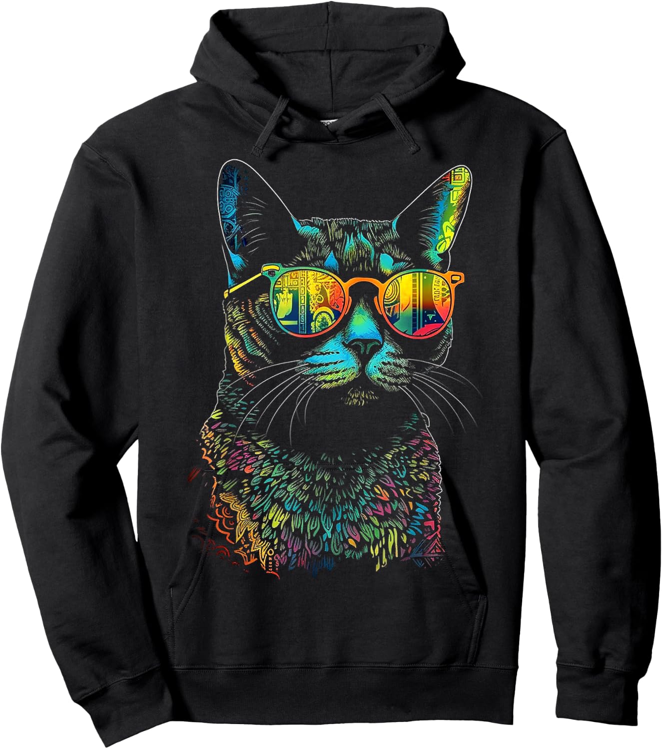 Cat Sunglaess Colorful Artwork | Animal Motif Cat Hoodie - Hoodie | Black