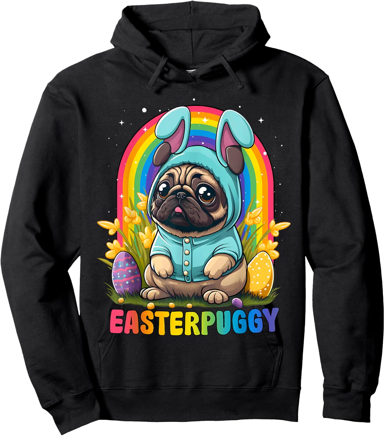 Funny Easter Pug Dog Easterpuggy Cute Pug Lover Rainbow Women Kids Hoodie - Hoodie | Black