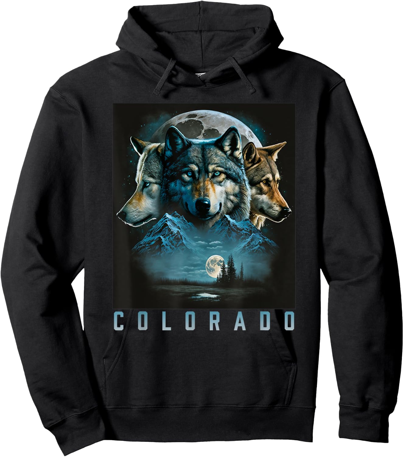 Colorado Mountain Wolf - Three Wolf Moon & Stars Retro Hoodie - Hoodie | Black