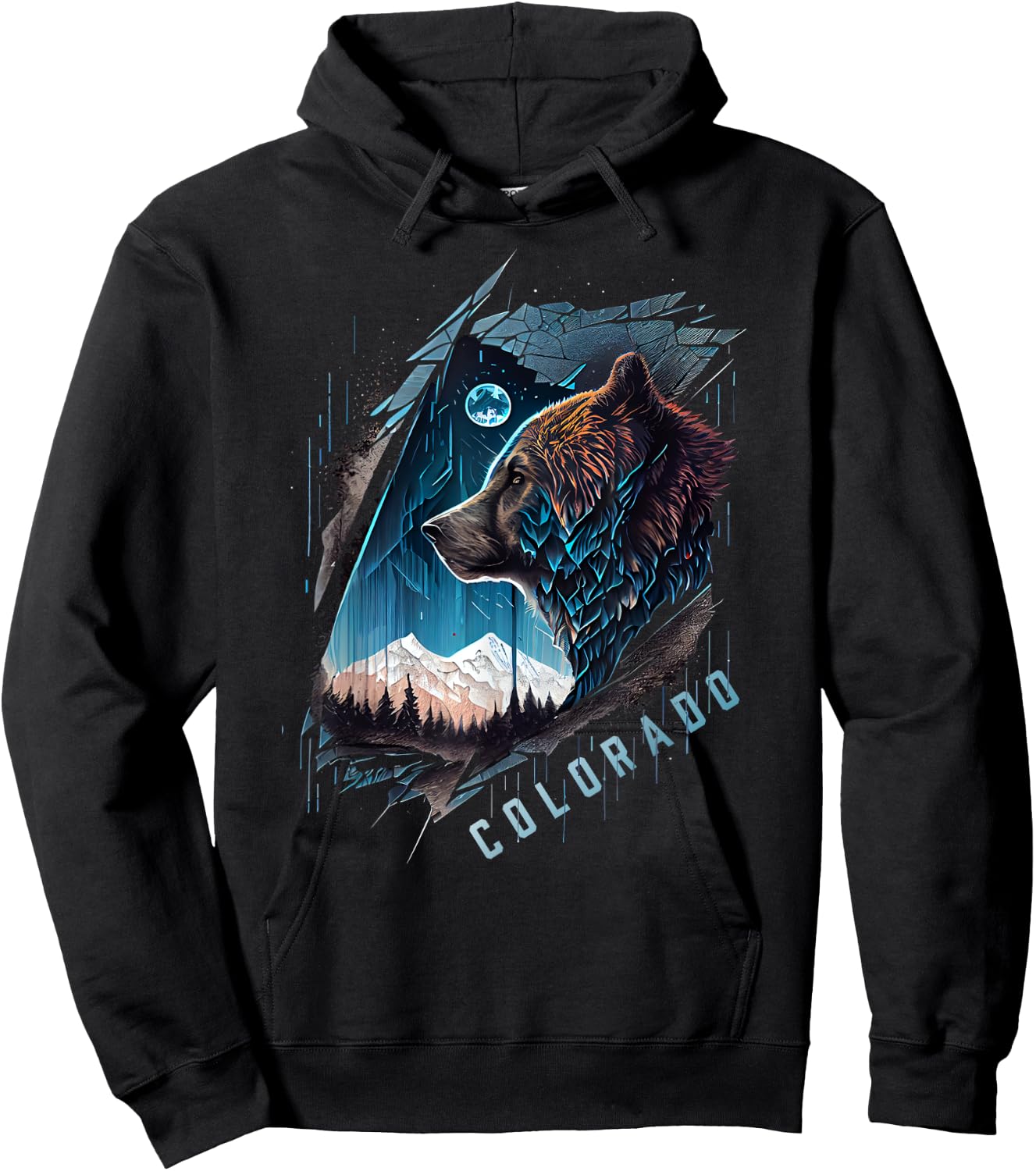 Colorado Mountain Bear - Bear, Moon, & Stars Retro Hoodie - Hoodie | Black