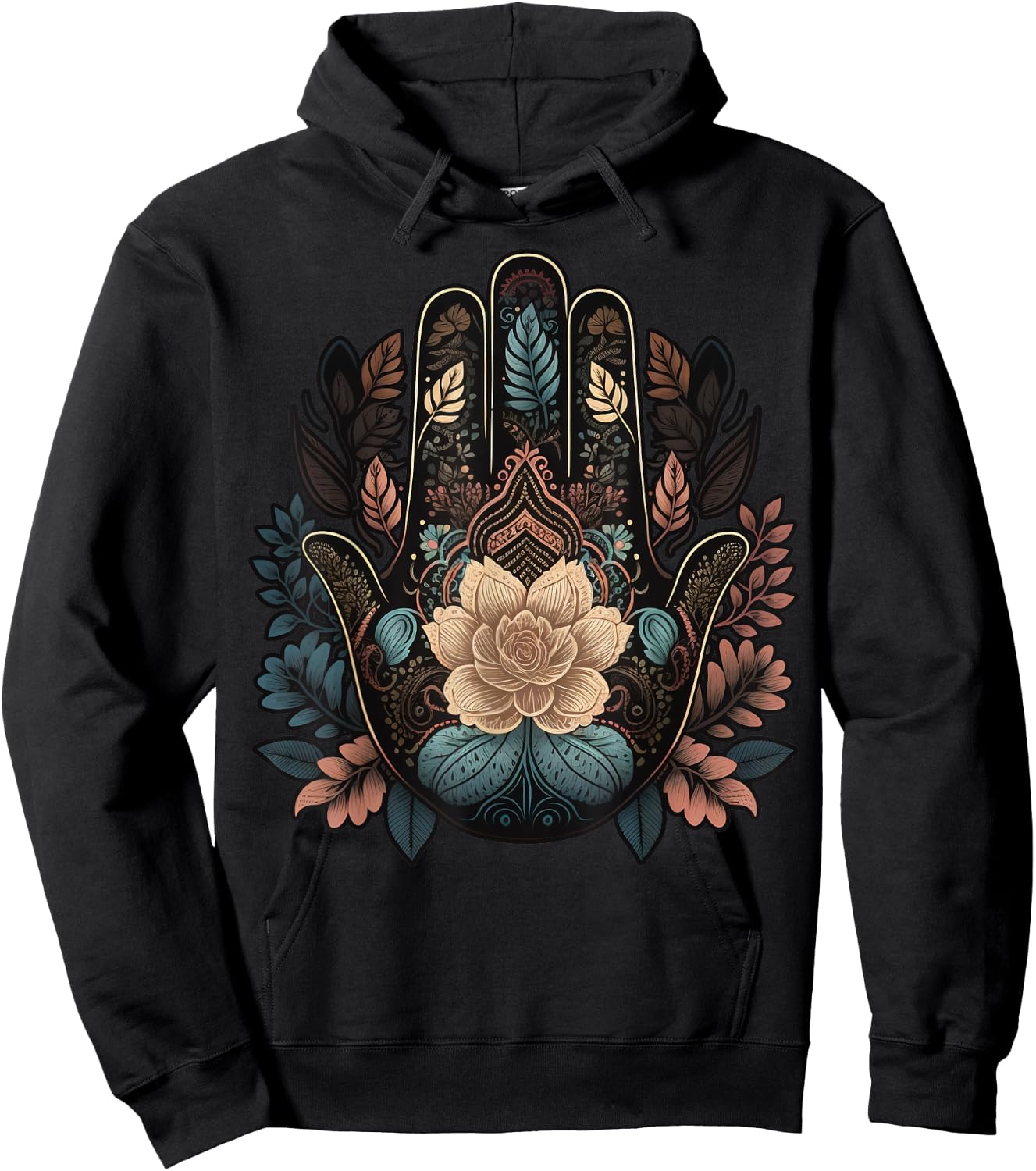 Floral Khamsah or Hand of Fatima on flower Hand of Hamsa Hoodie - Hoodie | Black