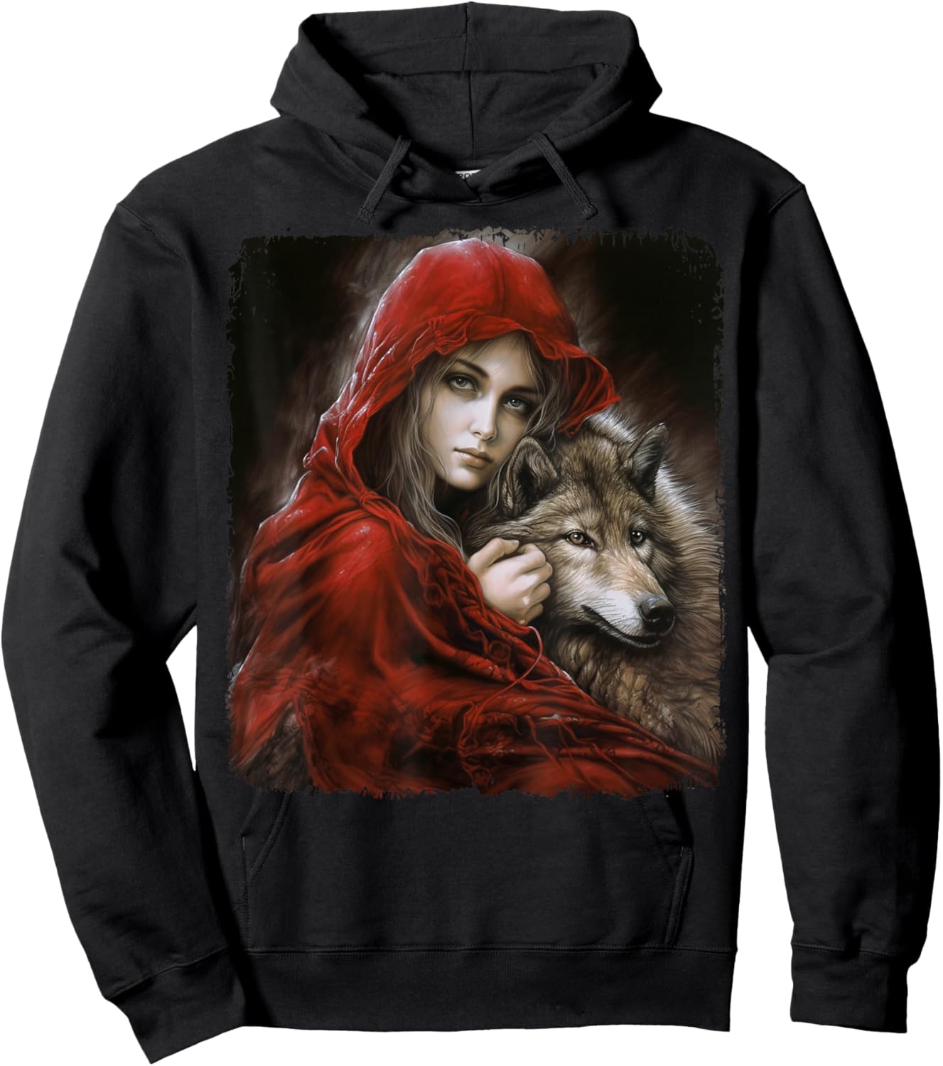 Woman with Hood in red and Gray Wolf Fantasy Art Painting Hoodie - Hoodie | Black