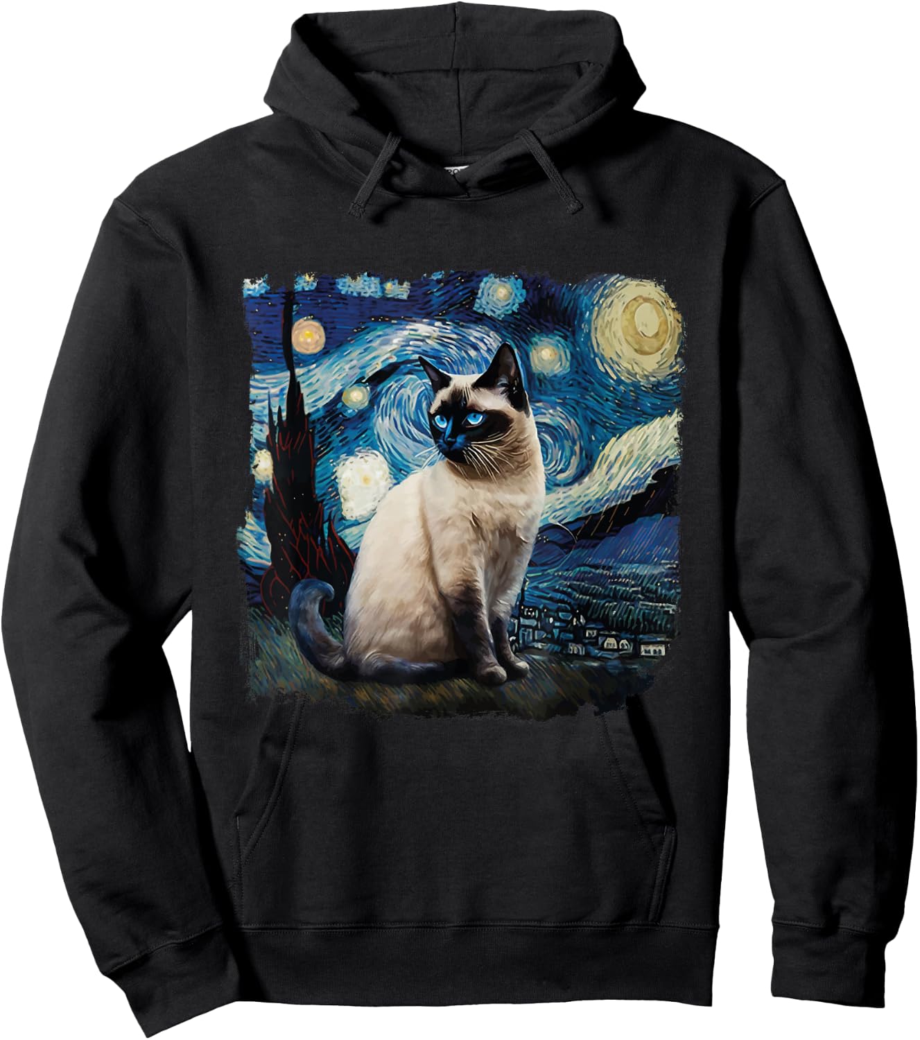 Cute Van Gogh Starry Night Cat Siamese Cat Lover Funny Hoodie - Hoodie | Black
