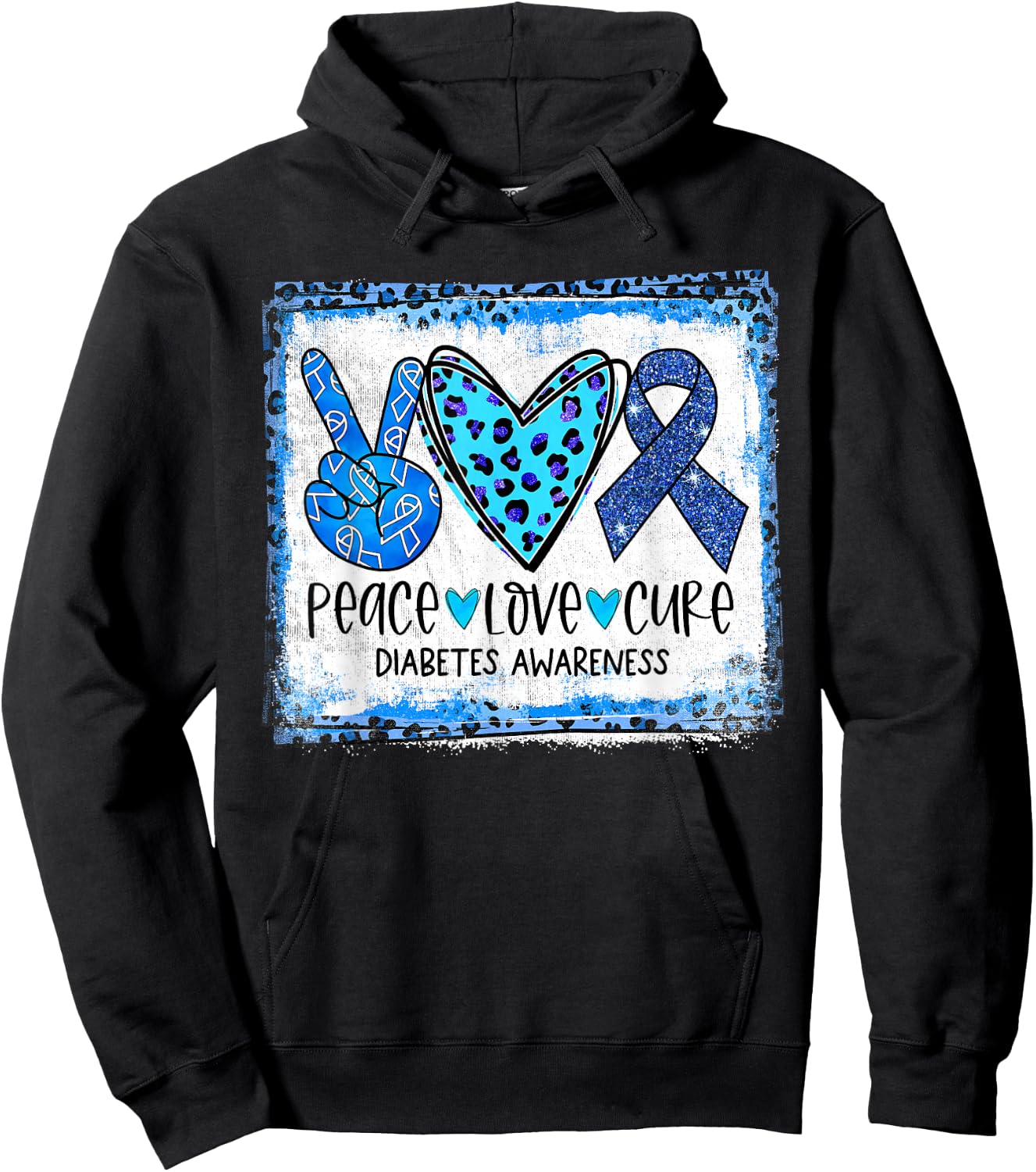 Peace Love Cure Blue Ribbon T1D Type 1 Diabetes Awareness Hoodie - Hoodie | Black