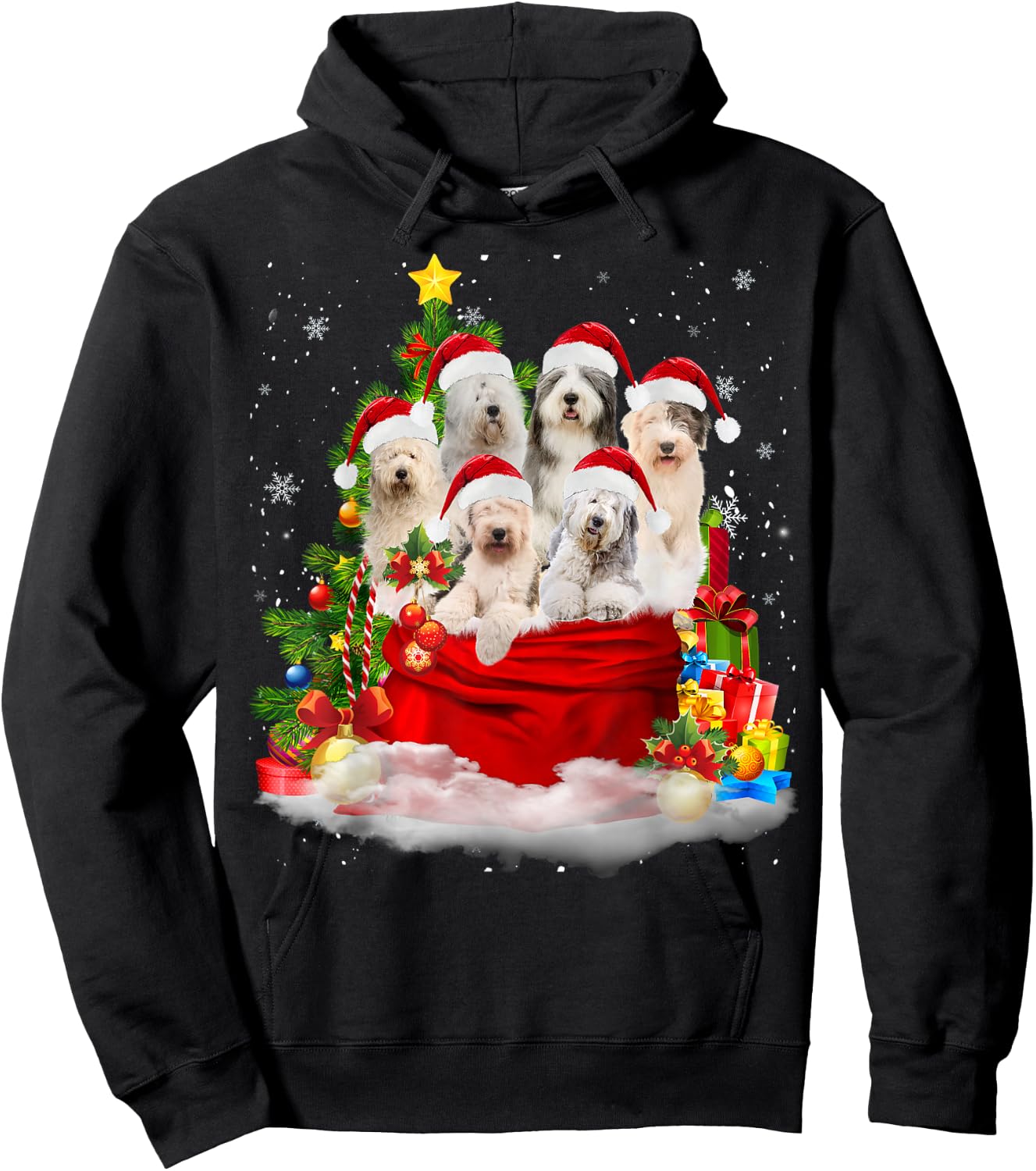 Old English Sheepdog Christmas Santa Claus Bag Xmas Pajama Men Women Kids Hoodie - Hoodie | Black