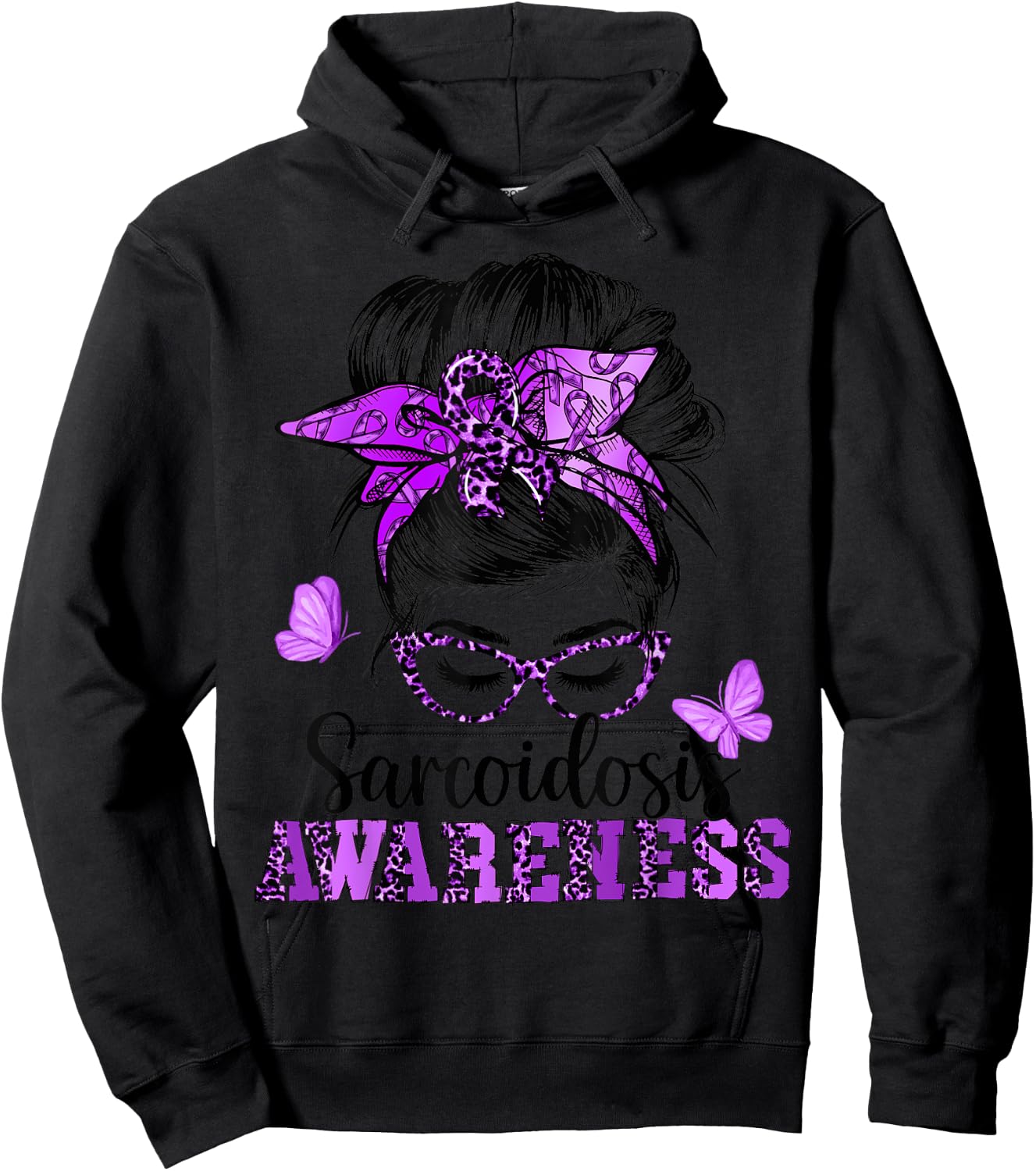 Messy Hair Bun Purple Ribbon Butterfly Sarcoidosis Awareness Hoodie - Hoodie | Black