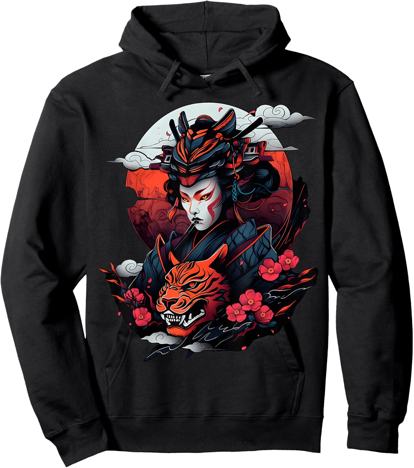 Samurai and Tiger Bold Graphic with Traditional Japanese Art Hoodie - Hoodie | Black