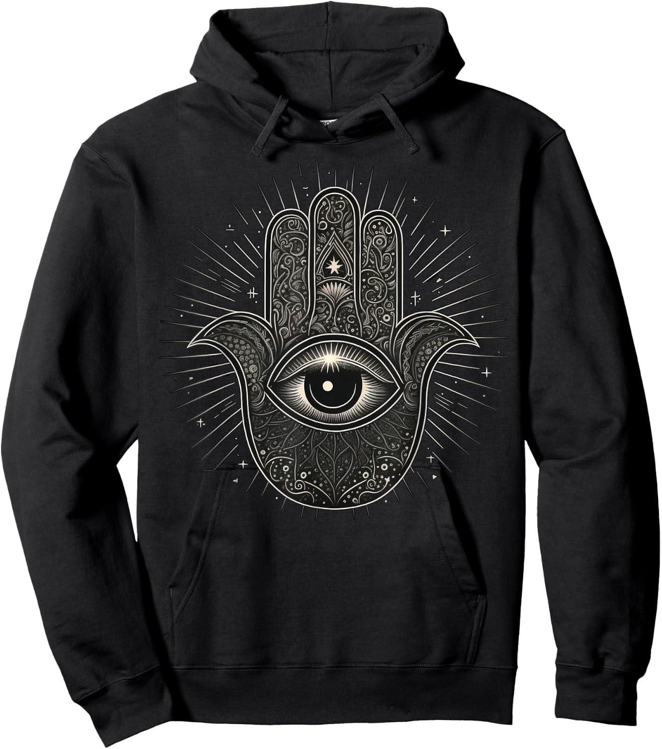 Khamsah or Hand of Fatima on Black and White Hand of Hamsa Hoodie - Hoodie | Black