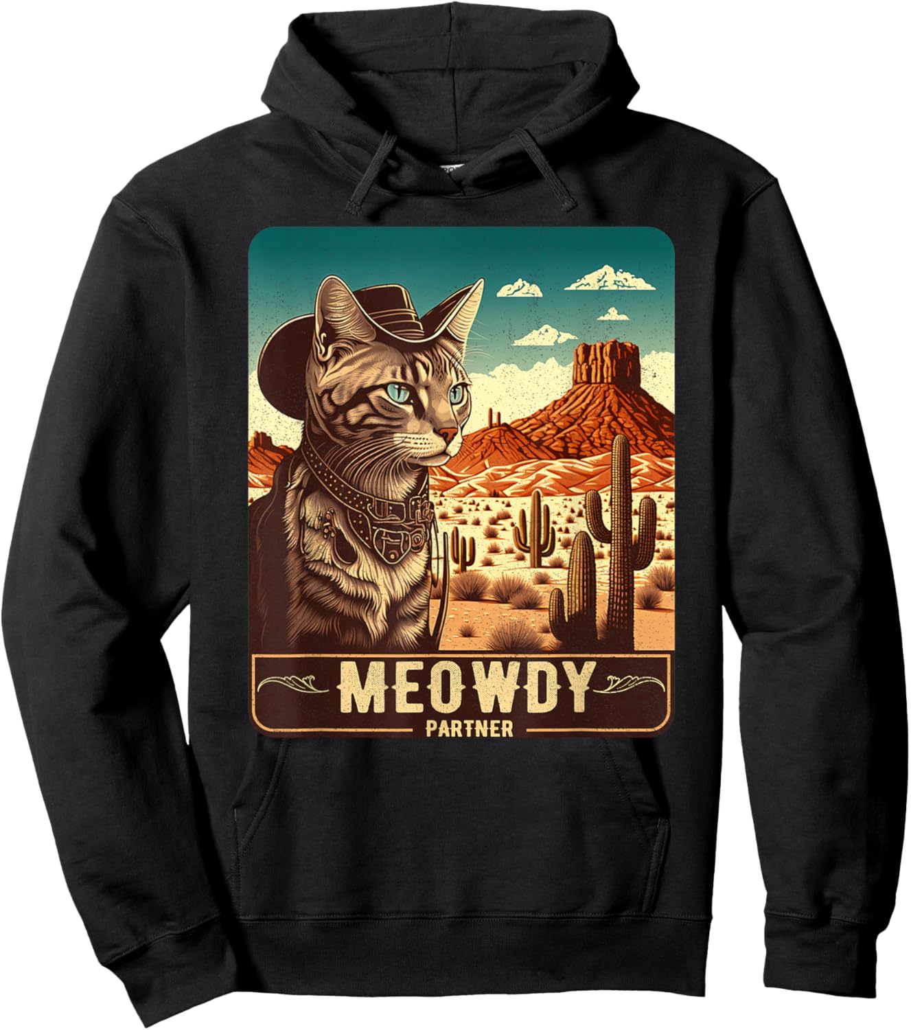 Meowdy! Funny Country Music Cat Cowboy Hat Poster Funny Hoodie - Hoodie | Black