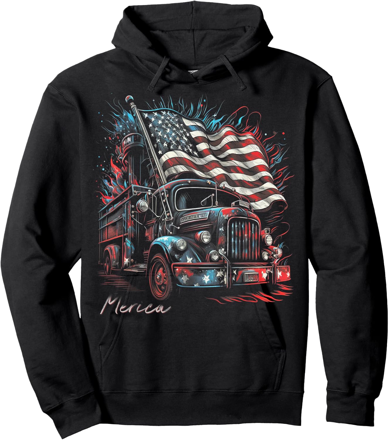 Fireman Firefighter 4th of July American Flag USA Funny Hoodie - Hoodie | Black