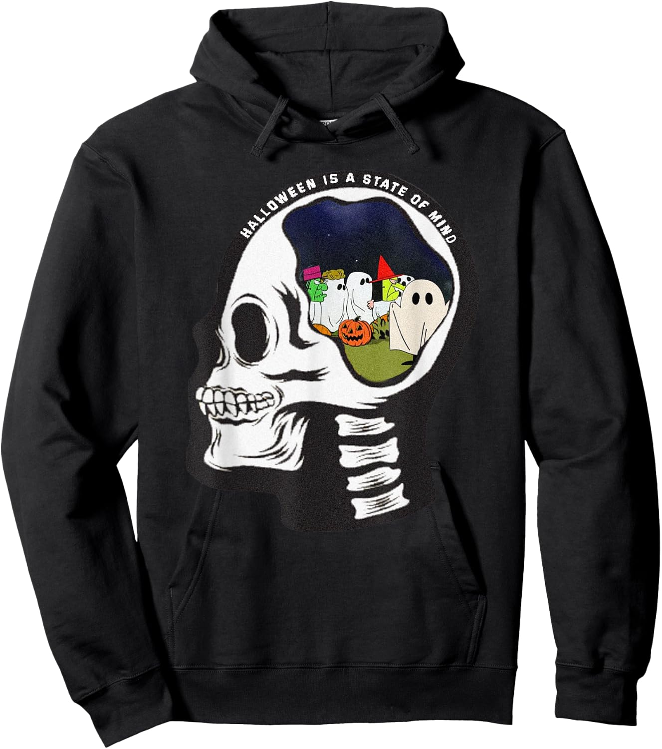 Halloween is a State of Mind Pumpkin Ghost Skeleton Retro Hoodie - Hoodie | Black