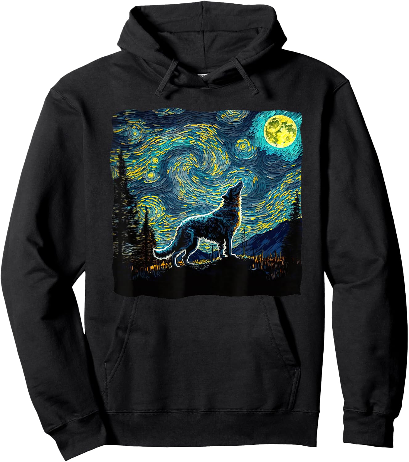Wolf Starry Night Wilderness Howling Moon Van Gogh Painting Hoodie - Hoodie | Black