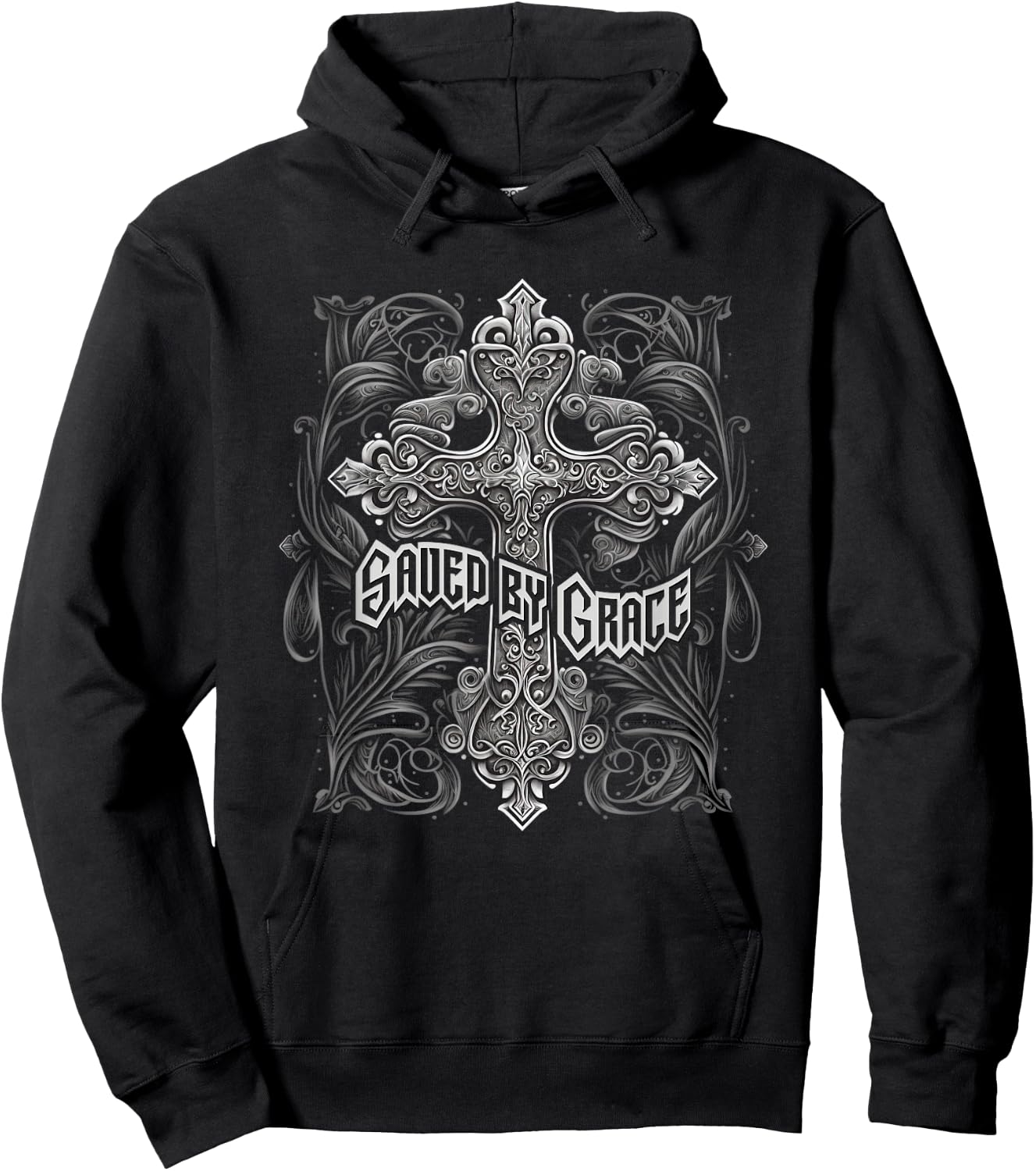 Saved By Grace Christian Graphic Design Gothic Cross Hoodie - Hoodie | Black