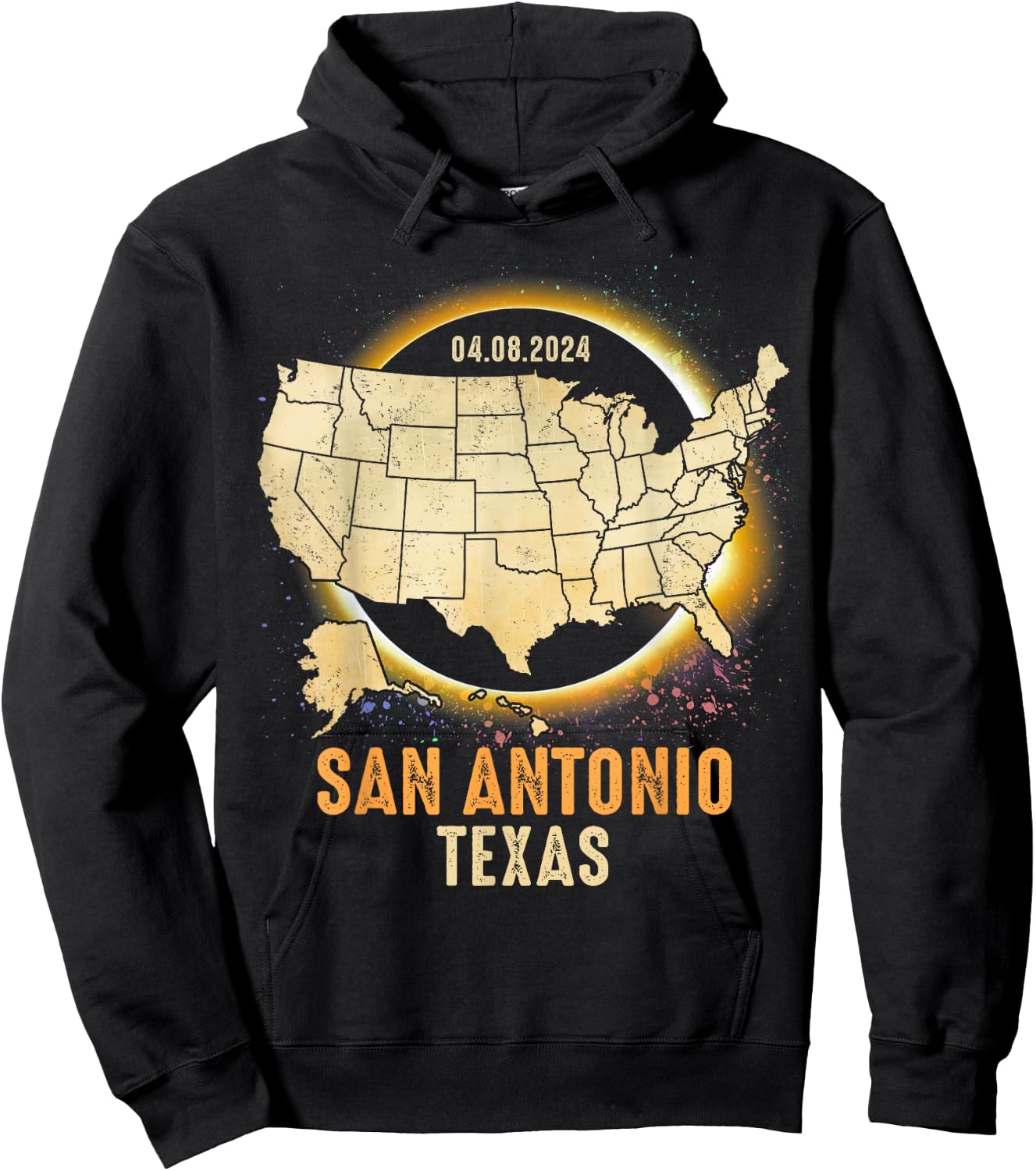 Total Solar Eclipse 2024 San Antonio Texas USA Map Colorful Hoodie - Hoodie | Black
