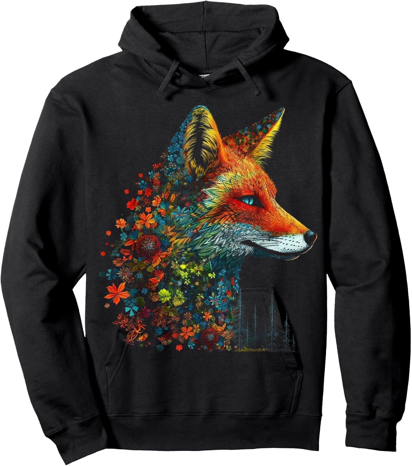 Fox Colourful Flowers - Blue Eyes Animal Art Fox Hoodie - Hoodie | Black