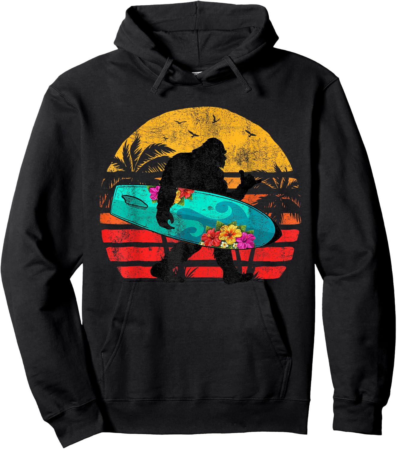 Funny Shaka Aloha Bigfoot Surfing Retro Hawaii Surfer Lover Hoodie - Hoodie | Black