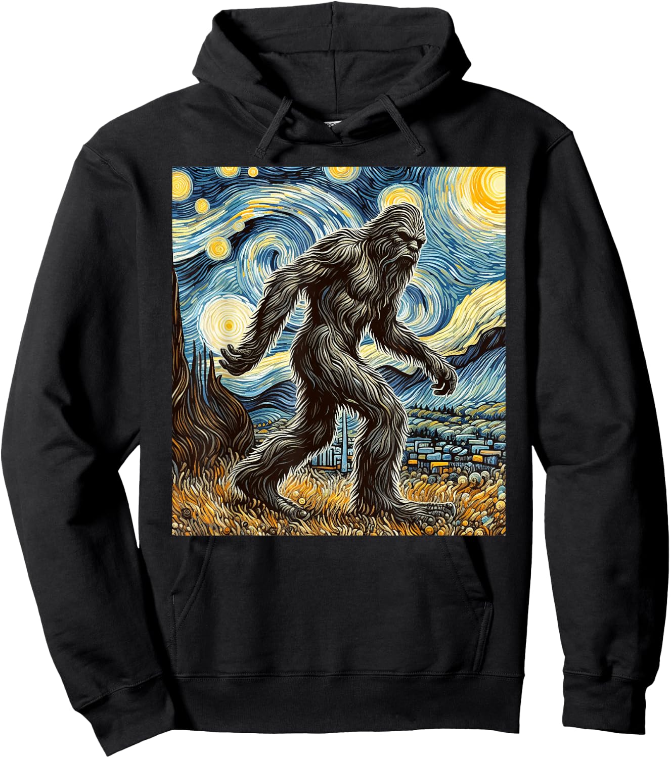 Funny Bigfoot Starry Night Sasquatch Van Gogh Sky Painting Hoodie - Hoodie | Black