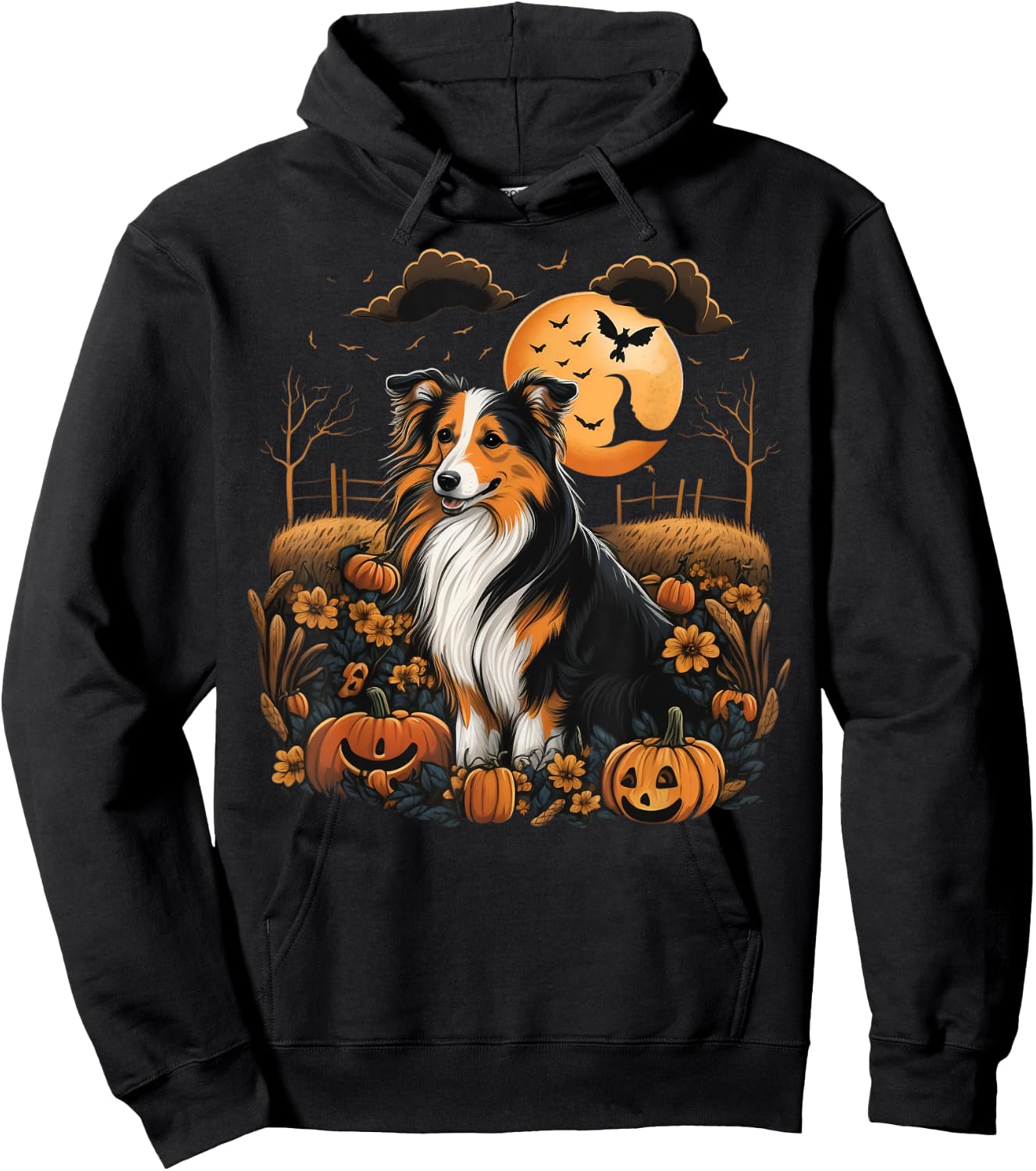 Pumpkin Shetland Sheepdog costume on Sheltie Halloween Women Kids Hoodie - Hoodie | Black