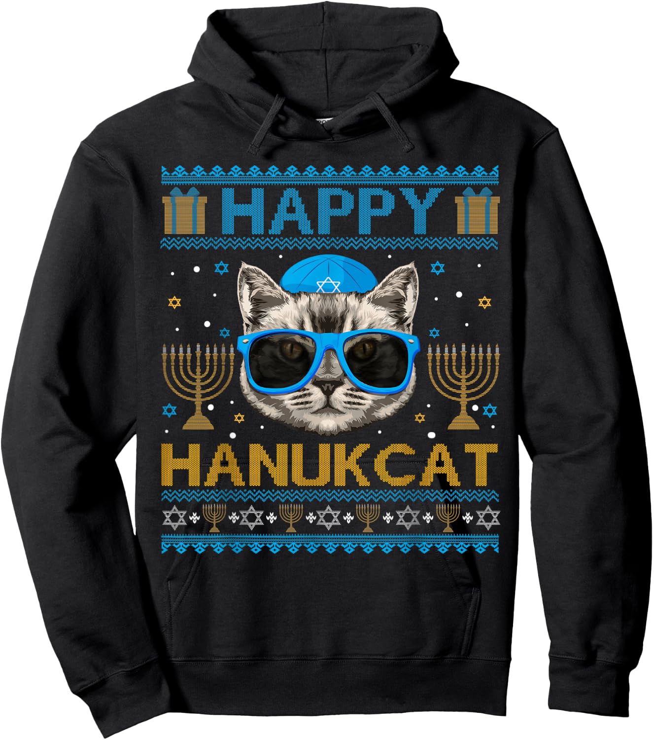 Happy Hanukcat Ugly Hanukkah Sweater Cat Chanukah Jewish Hoodie - Hoodie | Black
