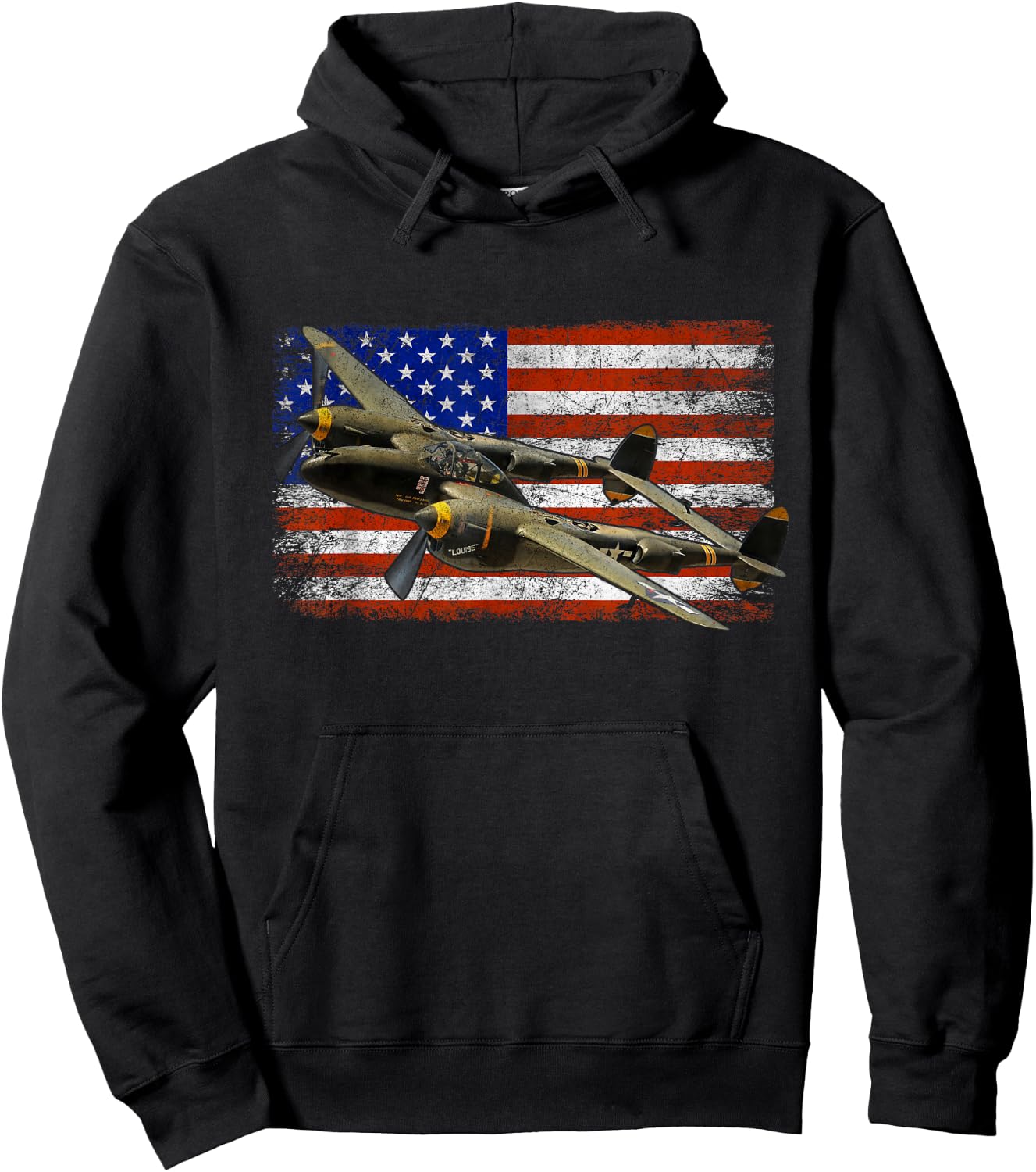 P-38 Lightning WWII Airplane Vintage Flag Hoodie - Hoodie | Black