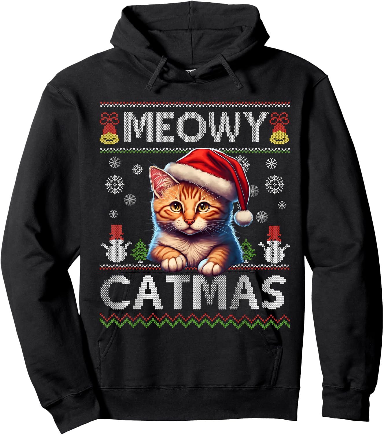 Meowy Catmas Cat Santa Christmas Kitten Xmas Ugly Sweater Hoodie - Hoodie | Black