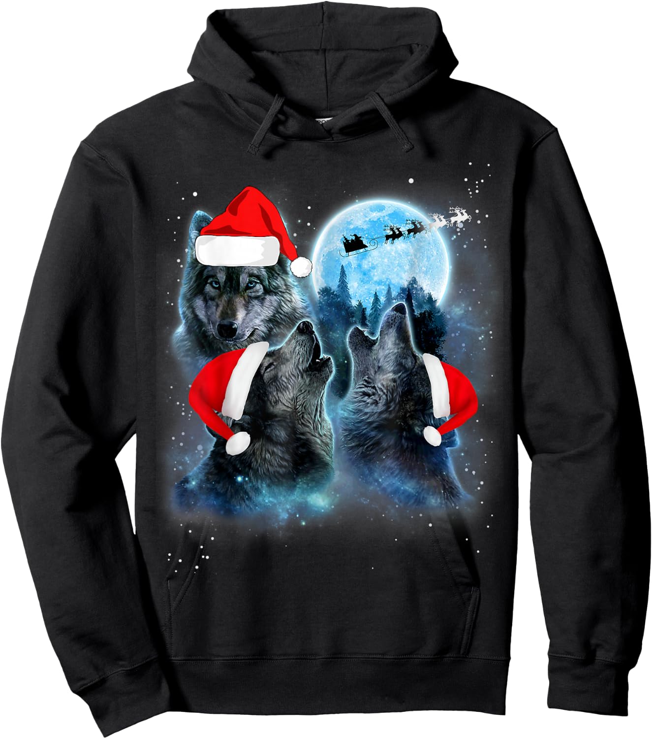 Three Wolves Howling Under Moon Christmas Santa Wolf Lover Hoodie - Hoodie | Black
