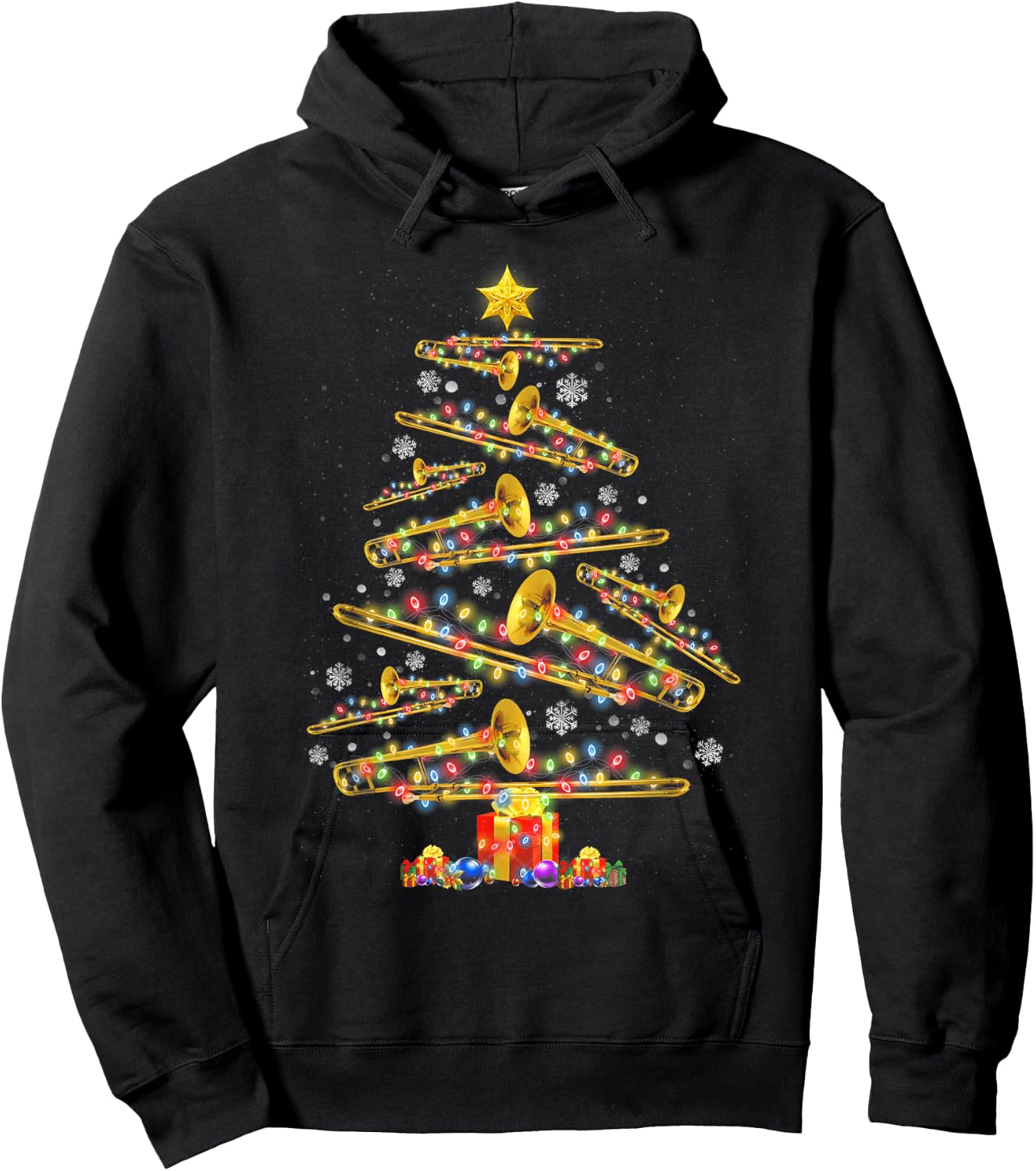 Christmas Trombone Player Xmas Tree Jazz Music Lover Santa Hoodie - Hoodie | Black
