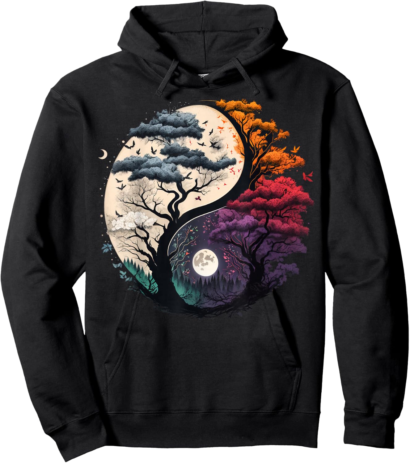 Harmony Feng Shui Taoist Yin Yang Balance symbol Adults Black Tree of Life Yin Yang Small (6/8) Short Sleeve Hoodie - Hoodie | Black