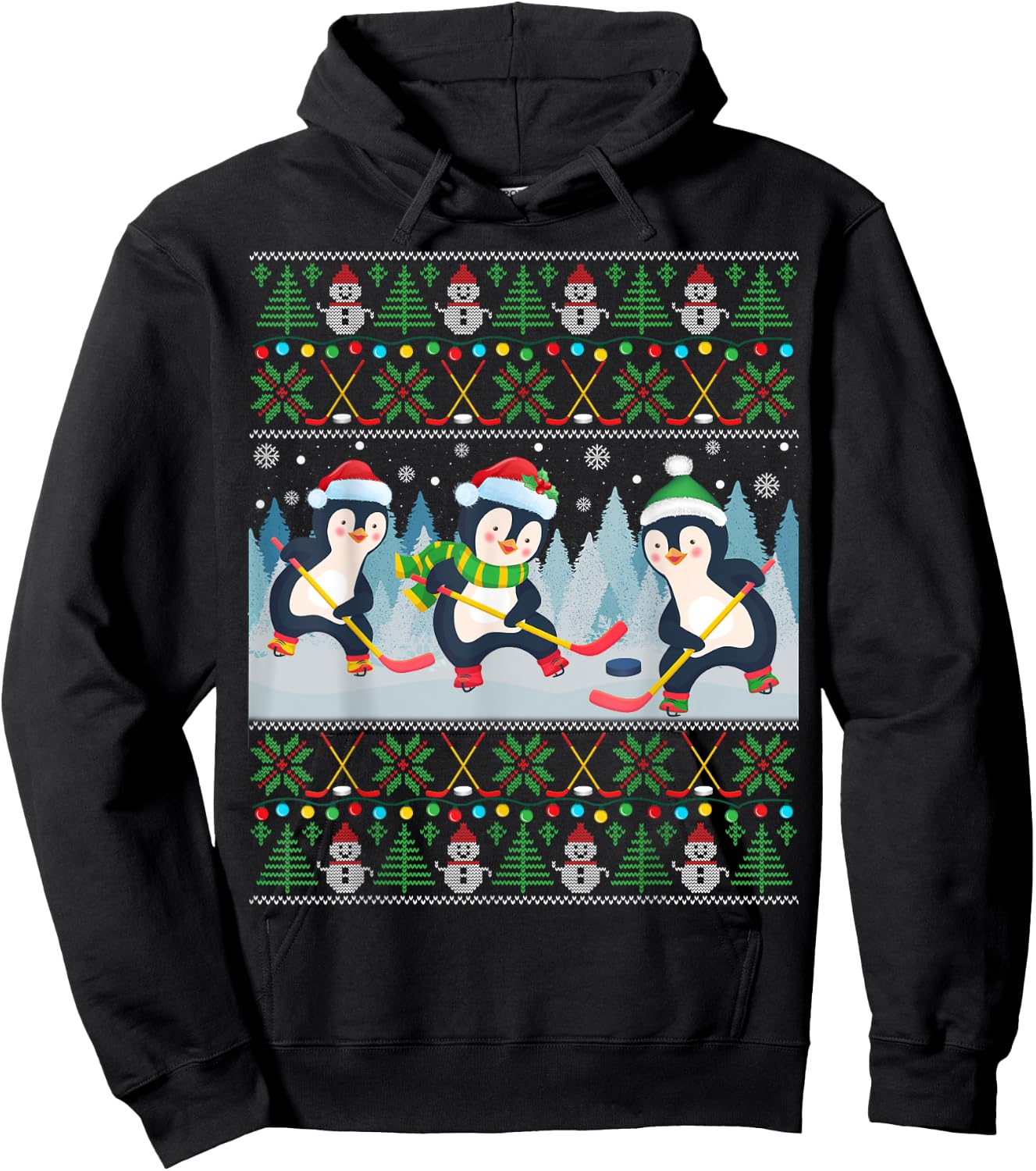 Penguin Playing Hockey Ugly Christmas Sweater Penguin Santa Hoodie - Hoodie | Black