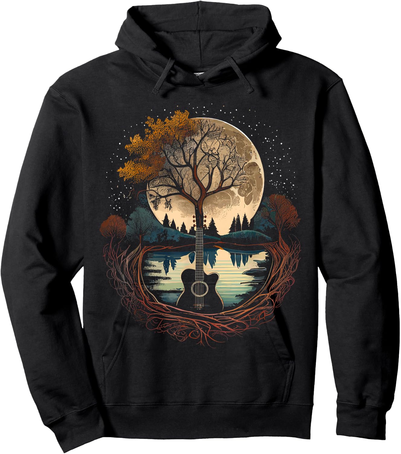 Acoustic Guitar Tree and Moon by The Lake Guitarist Hoodie - Hoodie | Black