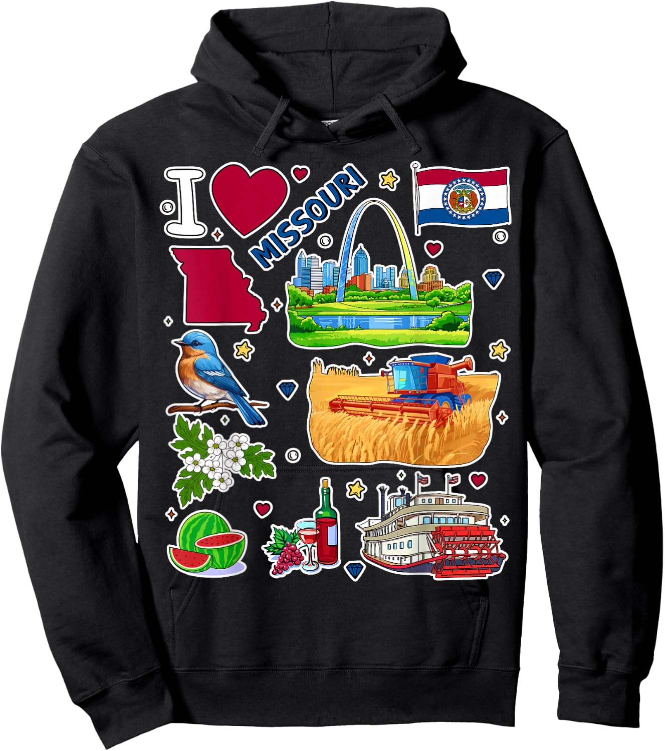 Missouri map, hand drawn Missouri State Symbols and icons Hoodie - Hoodie | Black