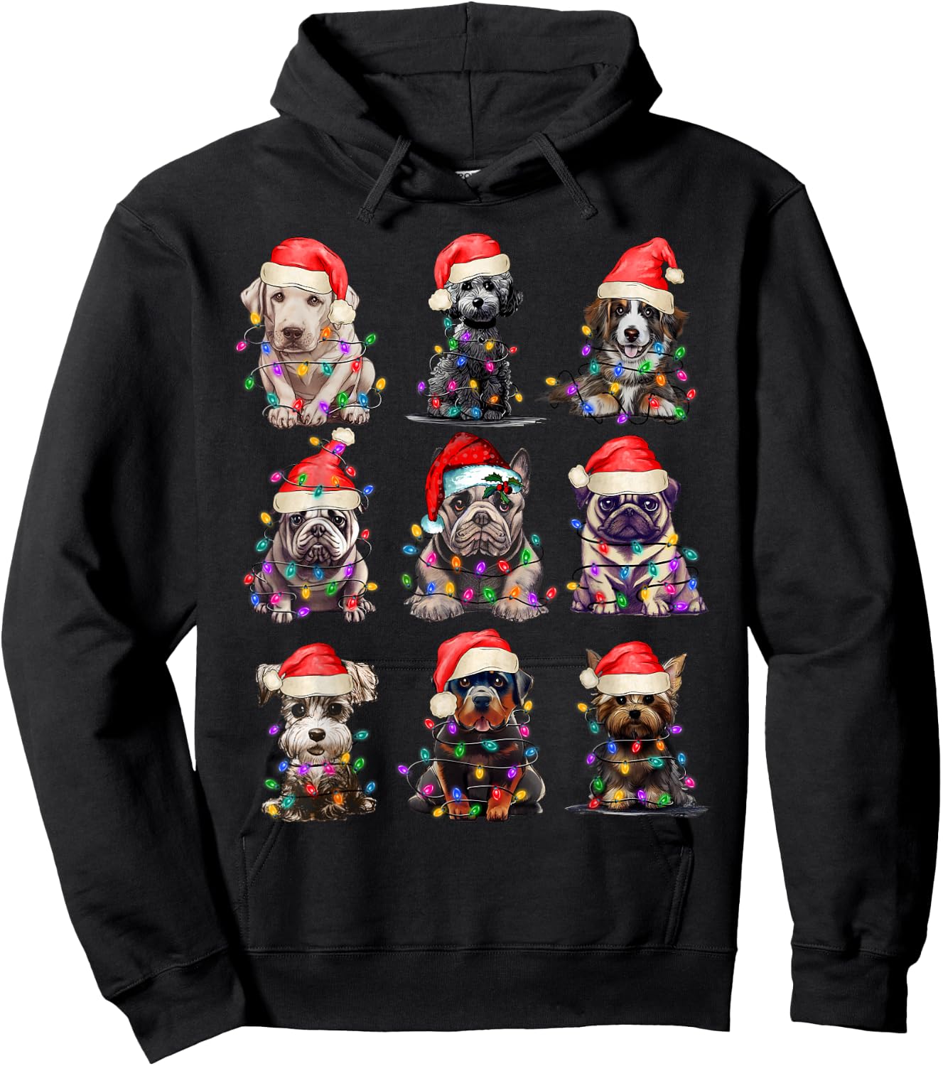 Christmas Dogs Xmas Lights Holiday Pajama Matching Family Hoodie - Hoodie | Black