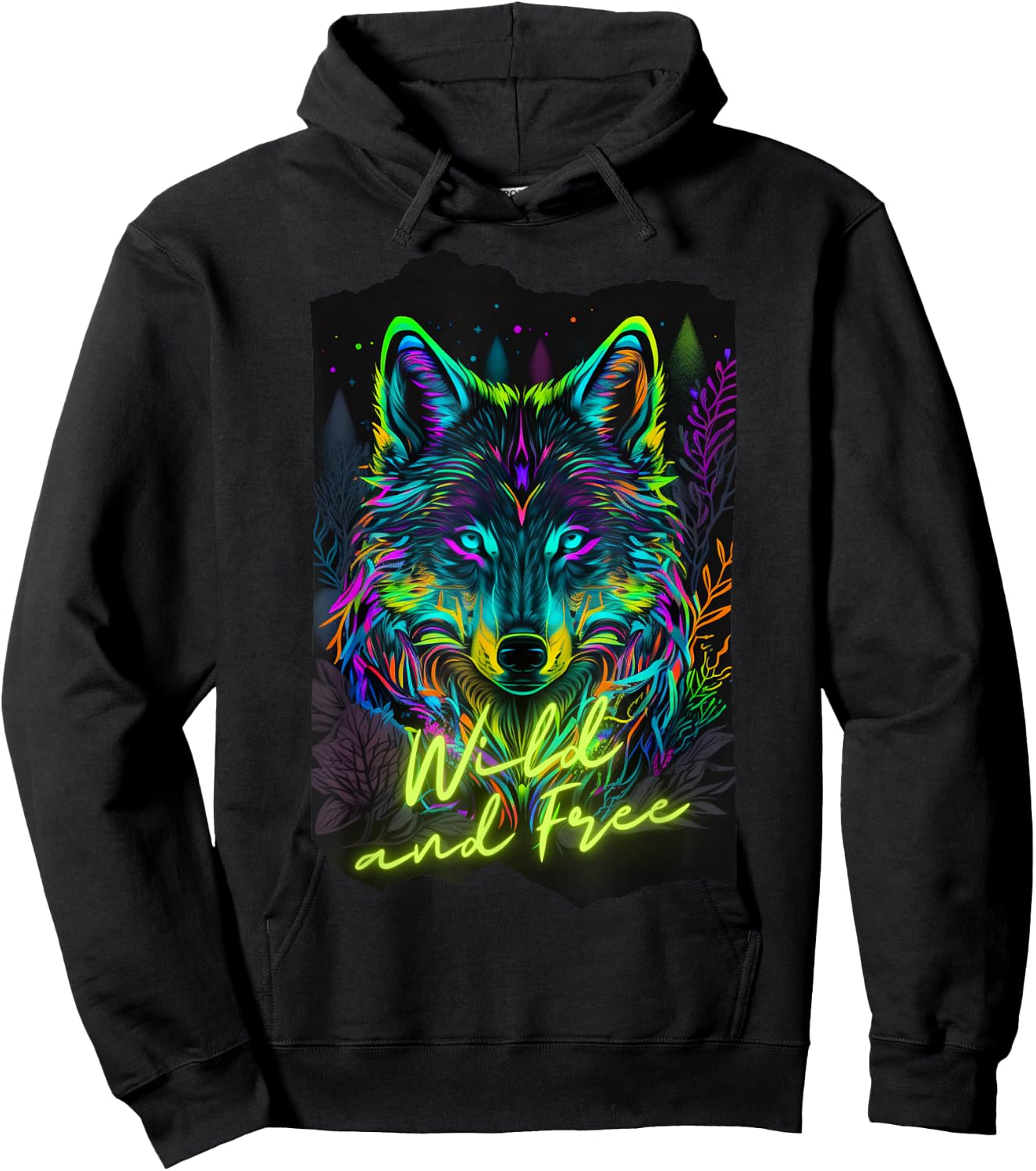 Retro 80s Vaporwave Synthwave Wolf Colorful Black Light Cool Hoodie - Hoodie | Black