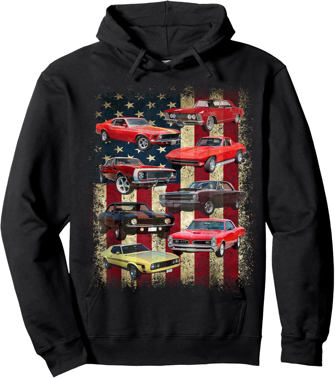Vintage Classic Muscle Car Retro American Flag Patriotic Hoodie - Hoodie | Black