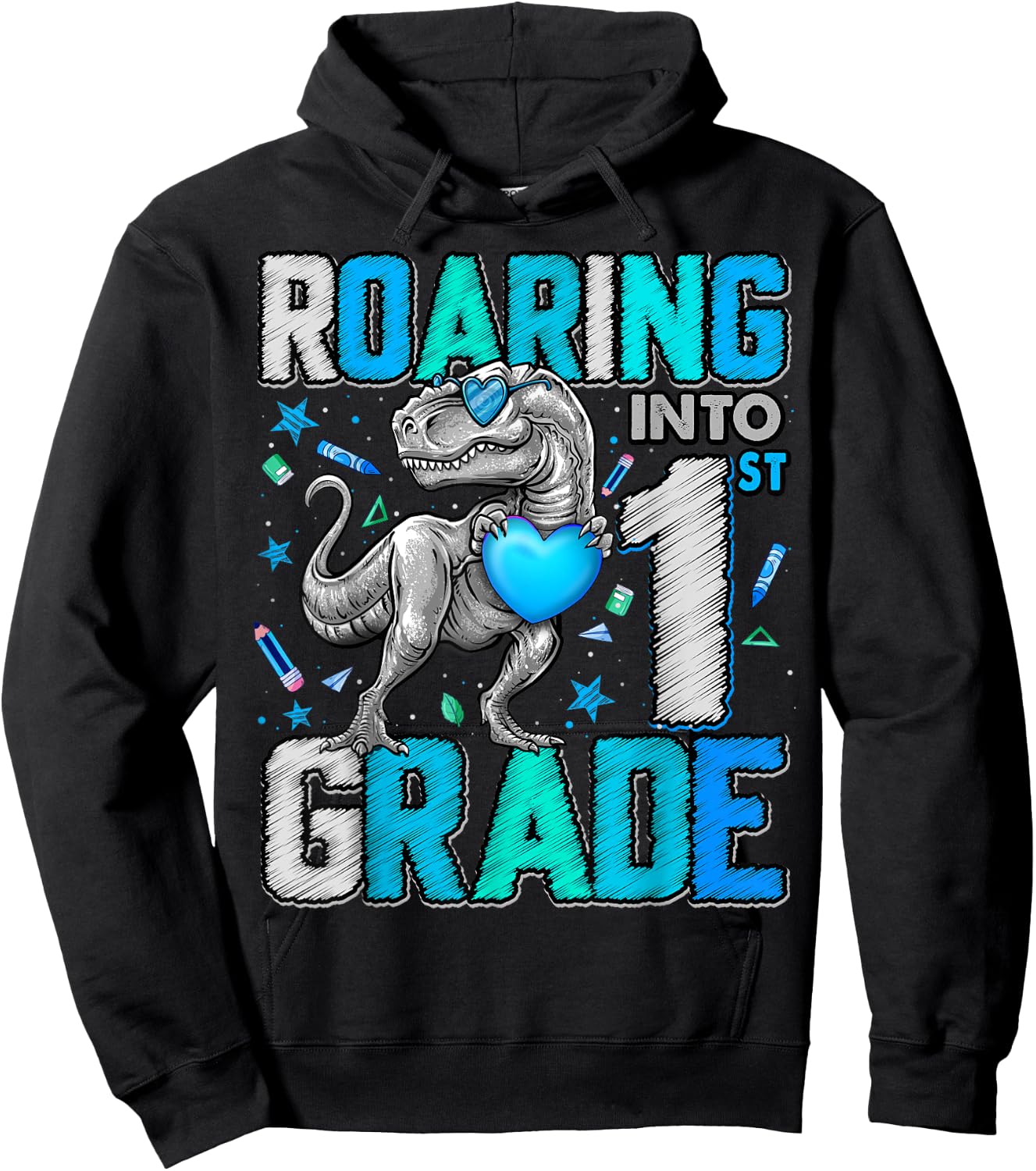 Roaring Into 1st Grade Dinosaur T Rex Back To School Boys Hoodie - Hoodie | Black