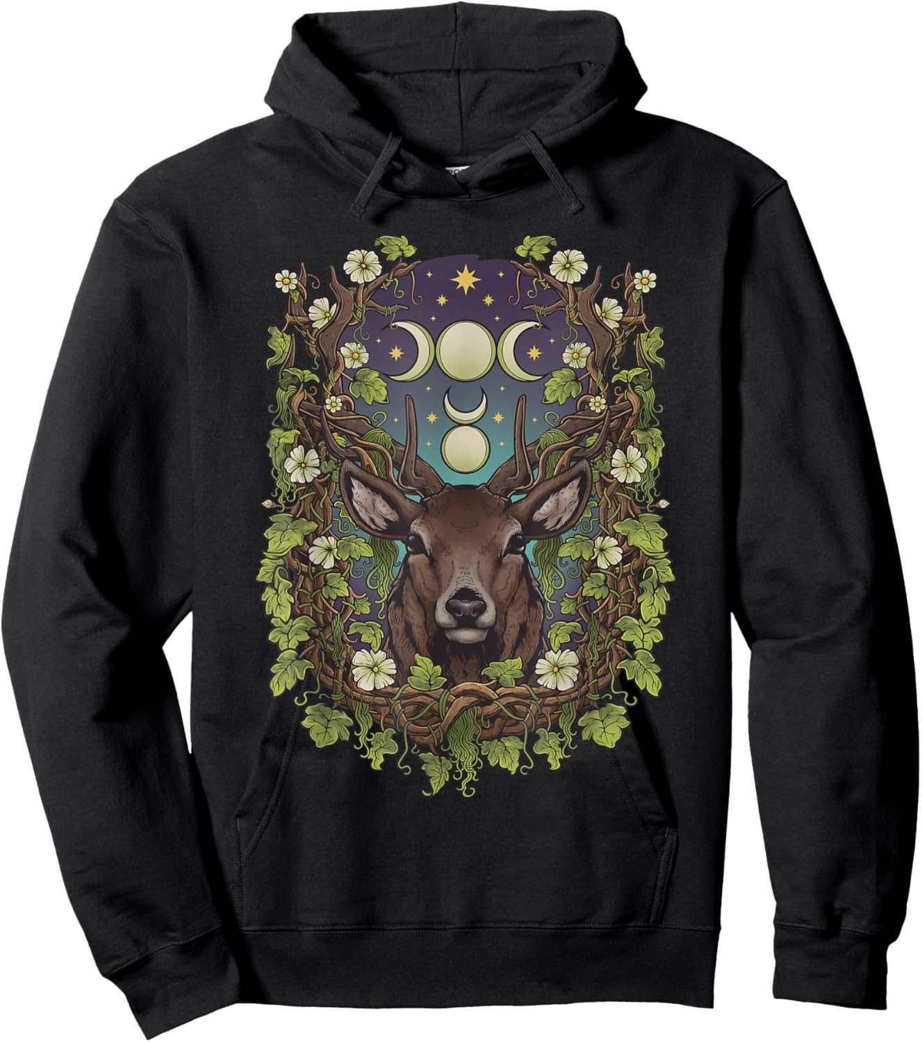 Art Nouveau Cernunnos Stag Bohemian Nature Moon Phases Wicca Hoodie - Hoodie | Black