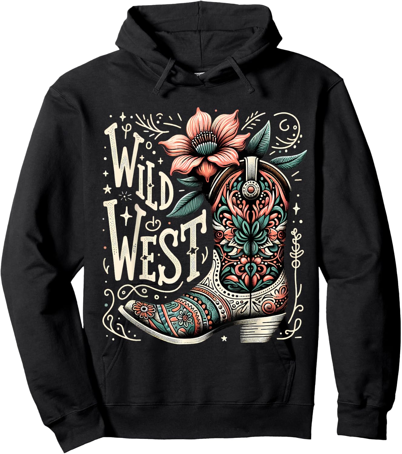Wild West Country Music Vintage Cowgirl Boot Western Flower Hoodie - Hoodie | Black