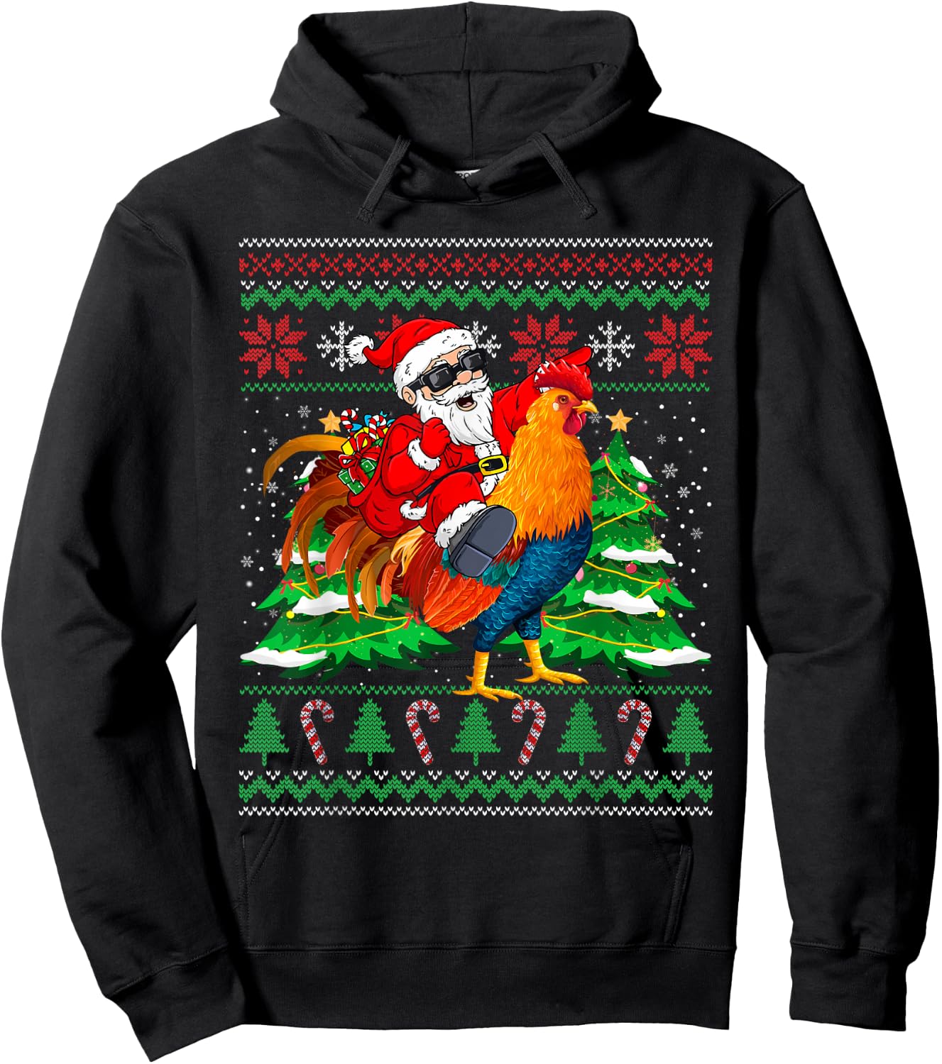 Santa With Rooster Christmas Tree Farmer Ugly Xmas Sweater Hoodie - Hoodie | Black