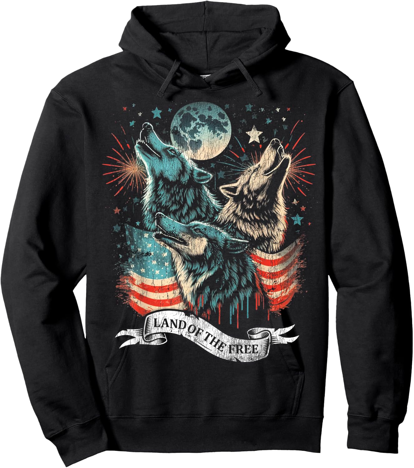 Wolf 4th of July American Flag Howling America Moon Funny Kids Men Hoodie - Hoodie | Black