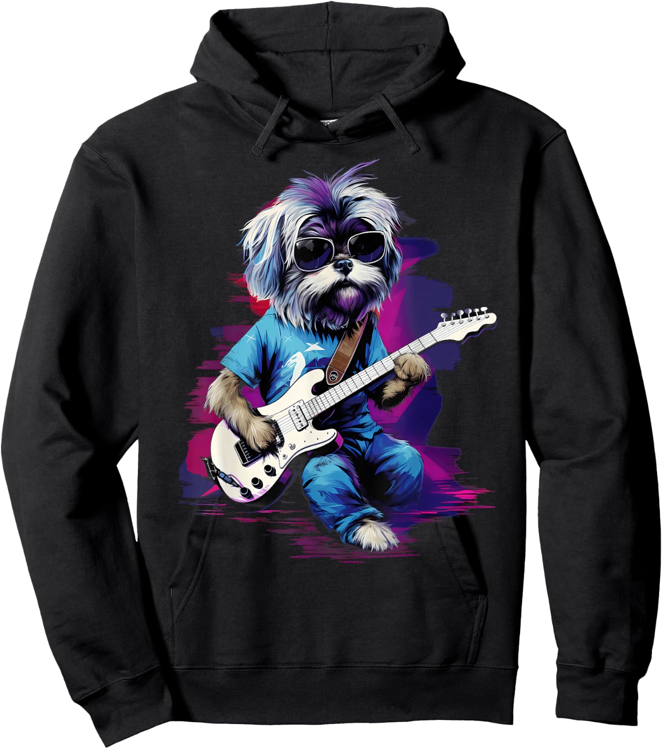 Punk Rock Guitar Shih Tzu Dog Guitarist Men Women Kids Hoodie - Hoodie | Black