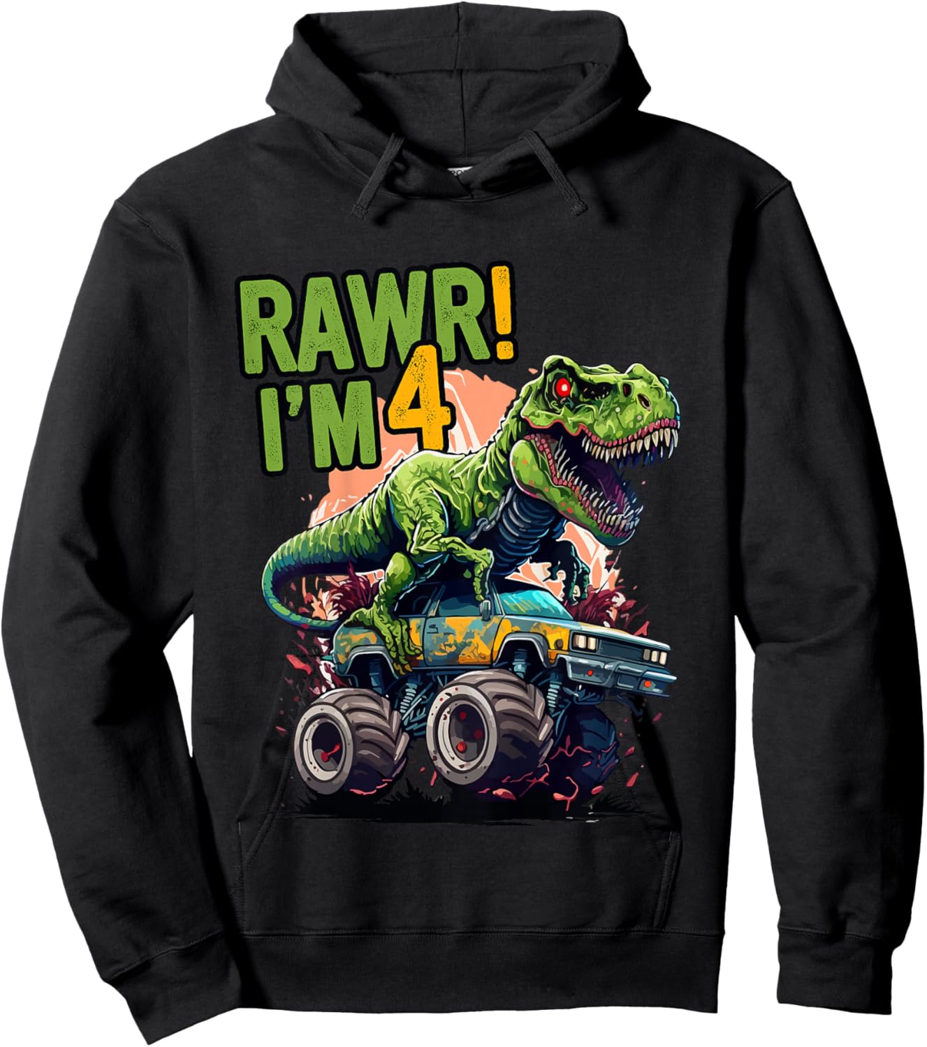 Kids Rawr I'm 4 T Rex 4th birthday Boys Dinosaur Monster Truck Hoodie - Hoodie | Black