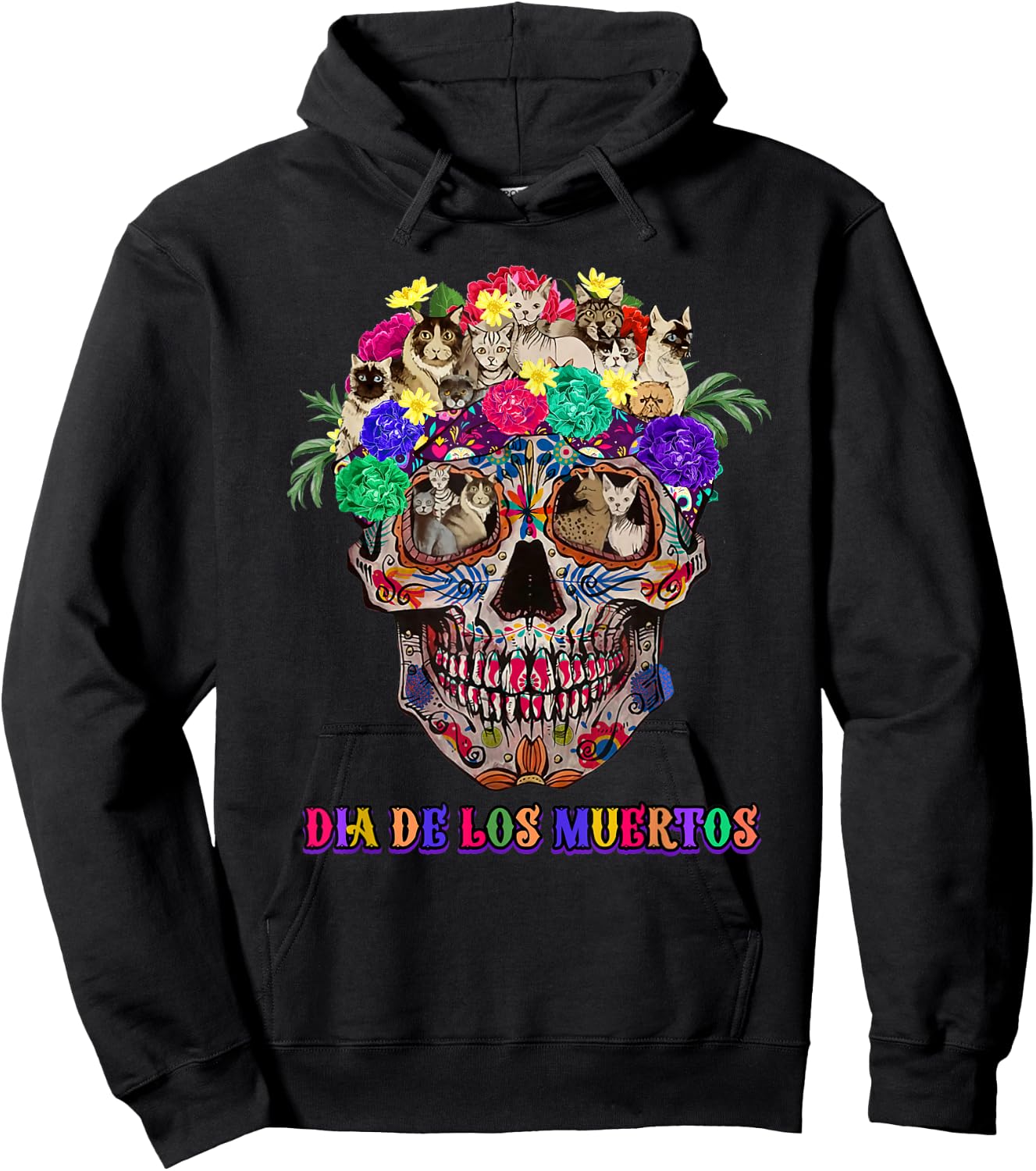 Dia De Los Muertos day of the-dead cat sugar skull Hoodie - Hoodie | Black
