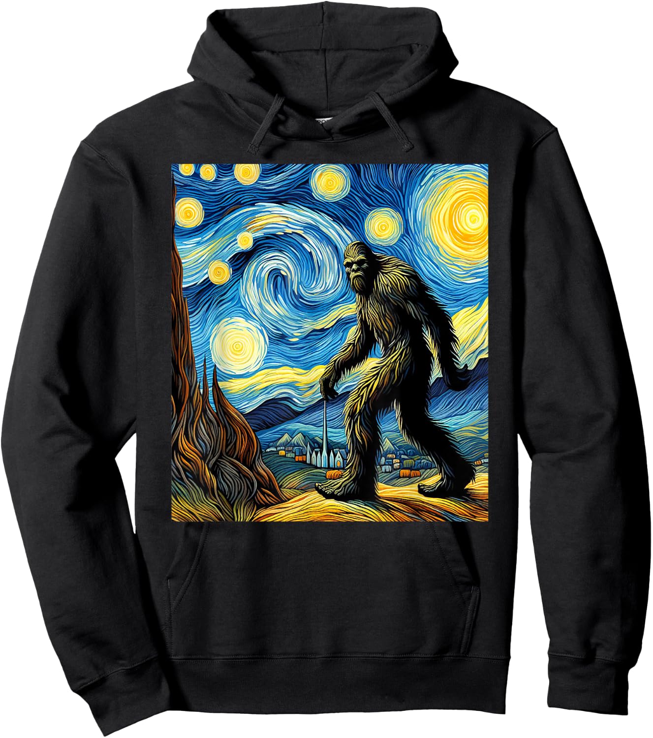 Funny Bigfoot Starry Night Sasquatch Van Gogh Sky Painting Hoodie - Hoodie | Black