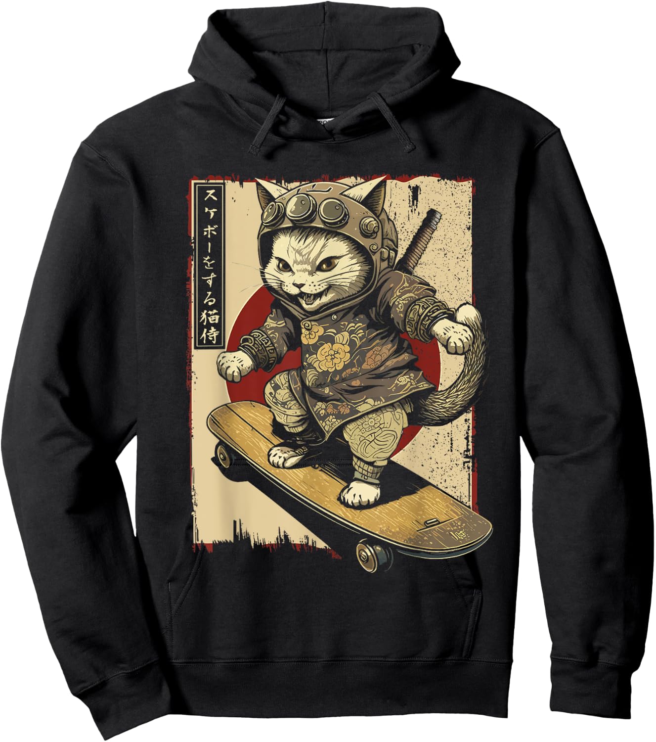 Japanese Skateboard Samurai Cat Tattoo Kawaii Ninja Cat Women Hoodie - Hoodie | Black