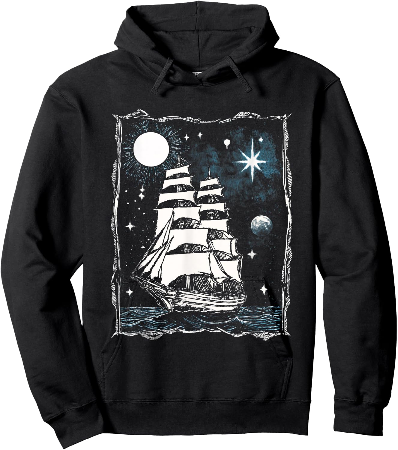 Vintage Nautical Tattoo Moon Clipper Ship Hoodie - Hoodie | Black