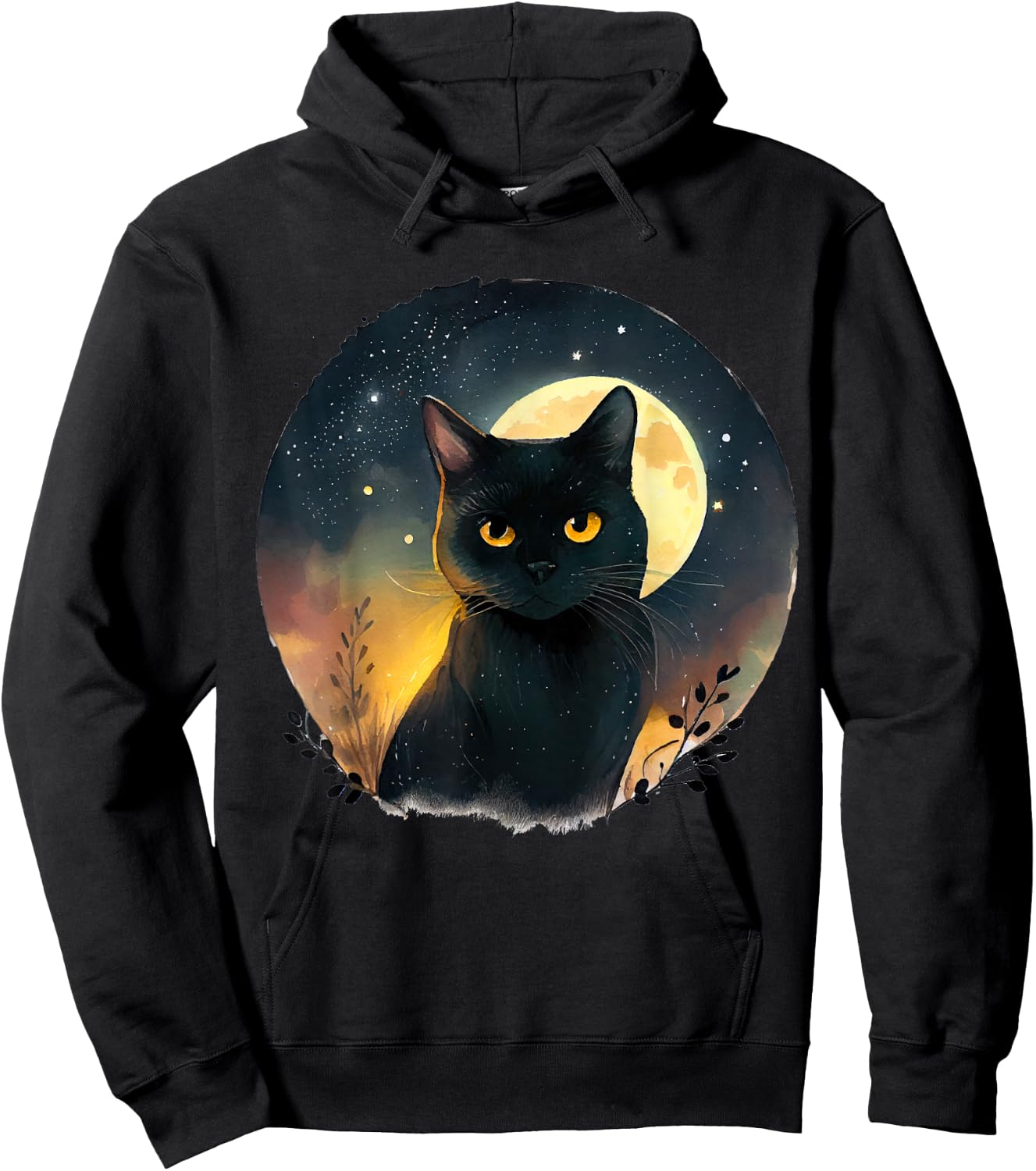 Cool Art Graphic Black Cat with Moon Hoodie - Hoodie | Black